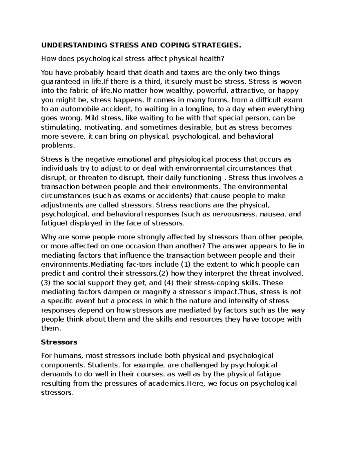 Developmental psychology - UNDERSTANDING STRESS AND COPING STRATEGIES ...