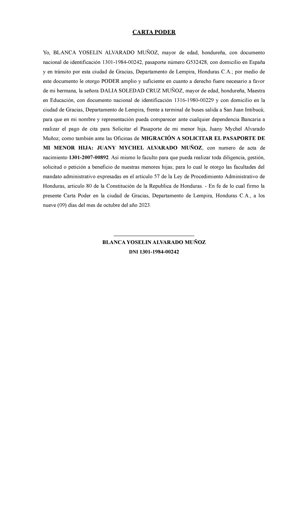Carta Poder-melvin ramos - CARTA PODER Yo, BLANCA YOSELIN ALVARADO ...