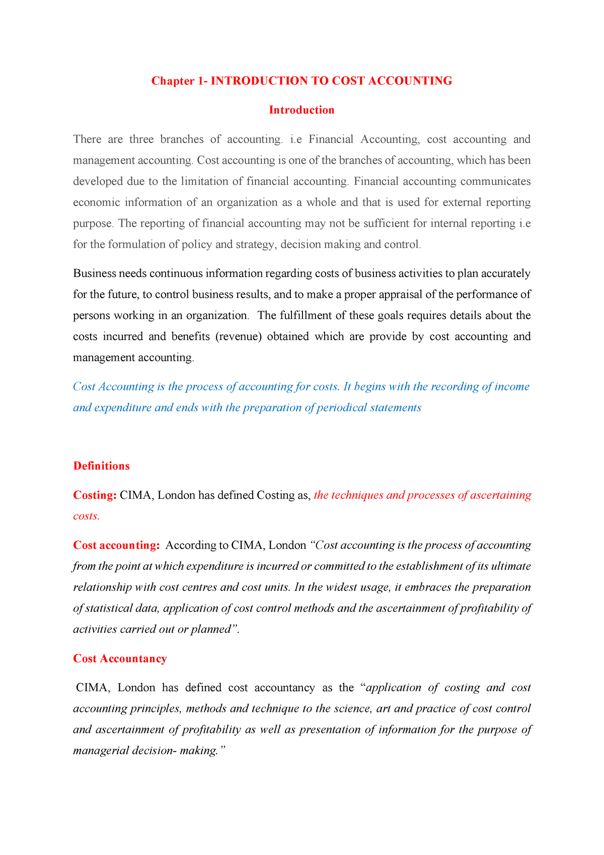 Notes On Chapter 1 Introduction To Cost Accounting - Chapter 1 ...