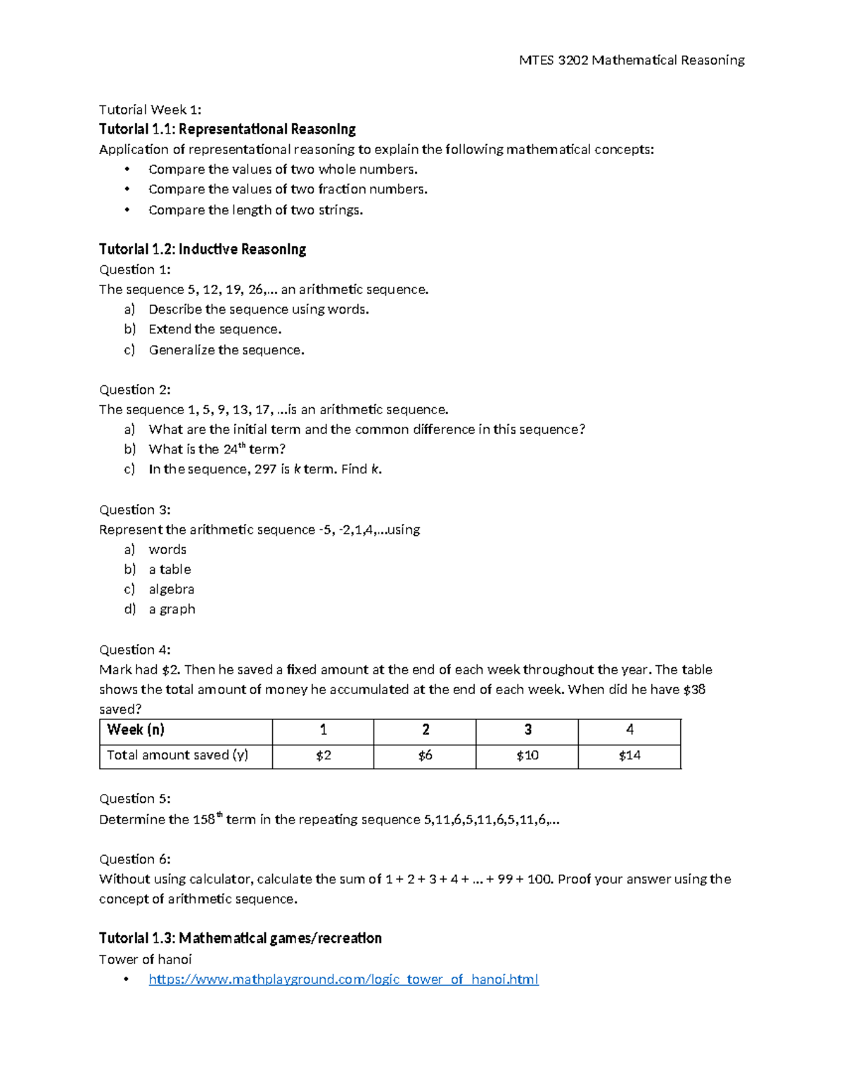 Tutorial Week 1 - LECTURE NOTES - MTES 3202 Mathematical Reasoning ...