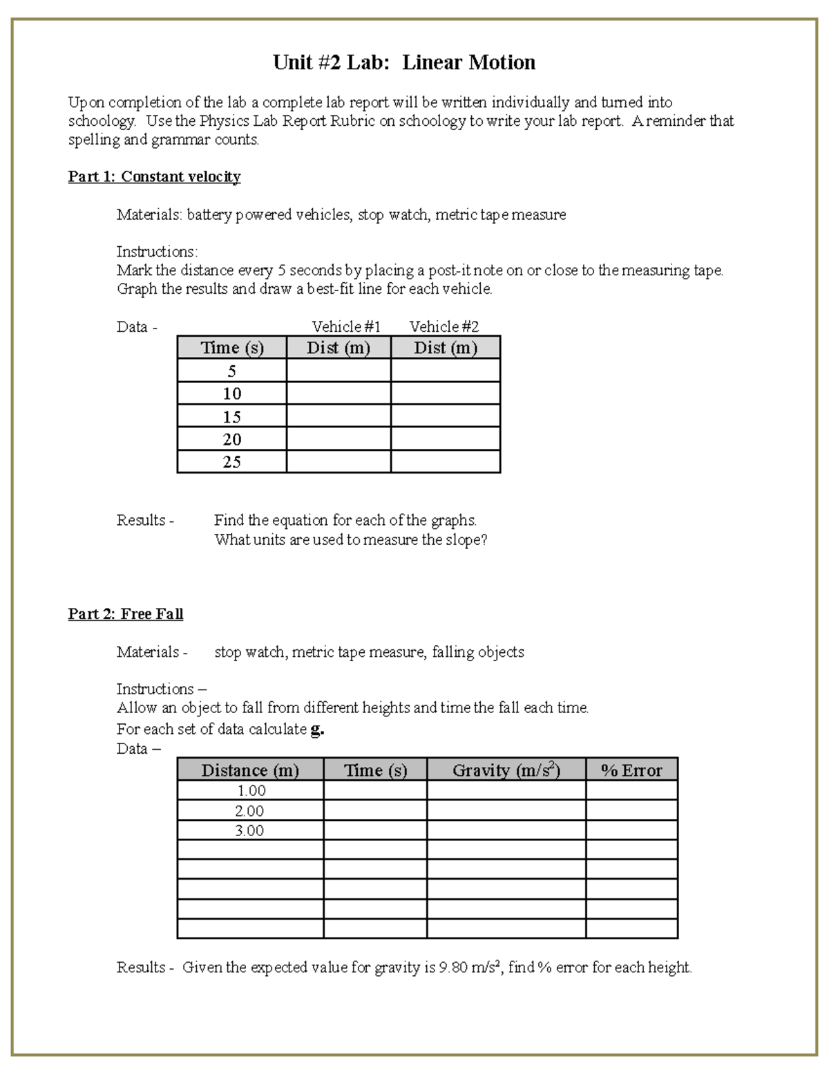 Linear Motion Lab parts 1 and 2 Unit 2 Lab Linear Motion Upon