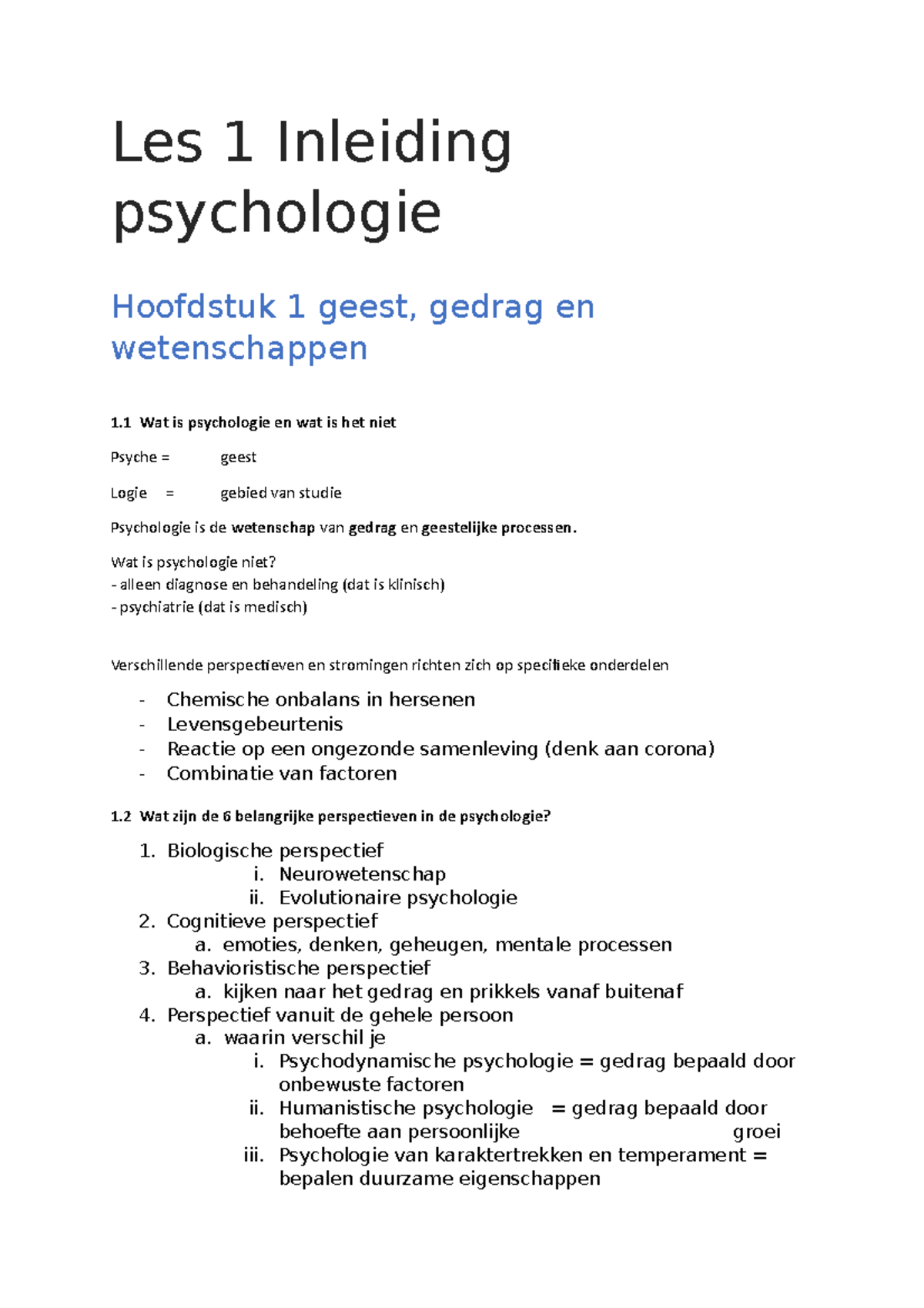 Inleiding Psychologie Samenvatting - Les 1 Inleiding Psychologie ...