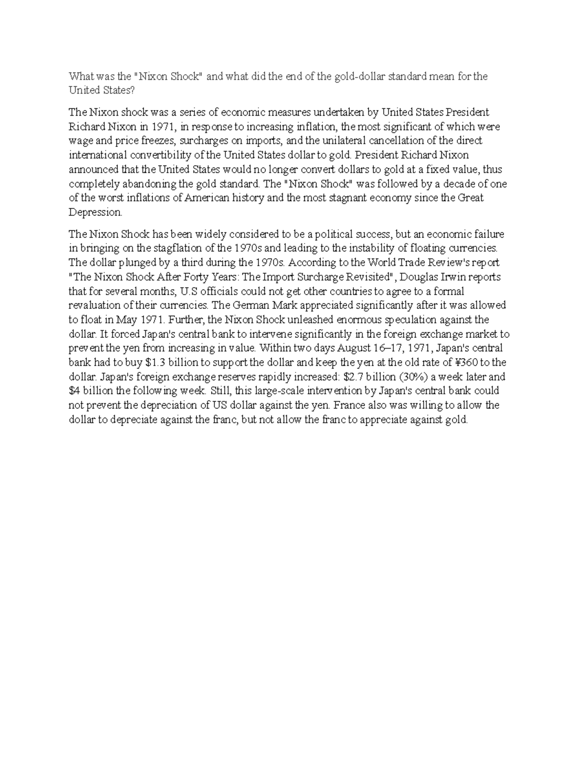 What was the Nixon Shock - What was the "Nixon Shock" and what did the ...