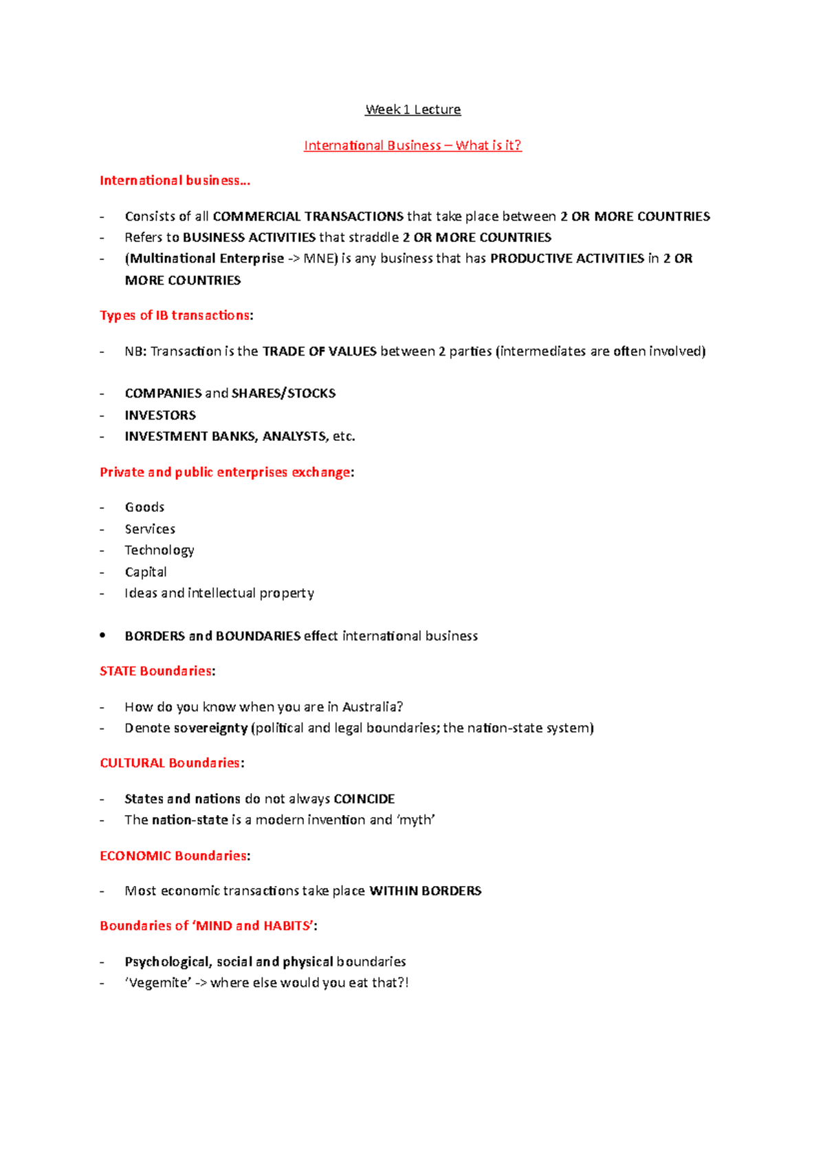MGMT1101 Detailed Notes - Week 1 Lecture International Business – What ...
