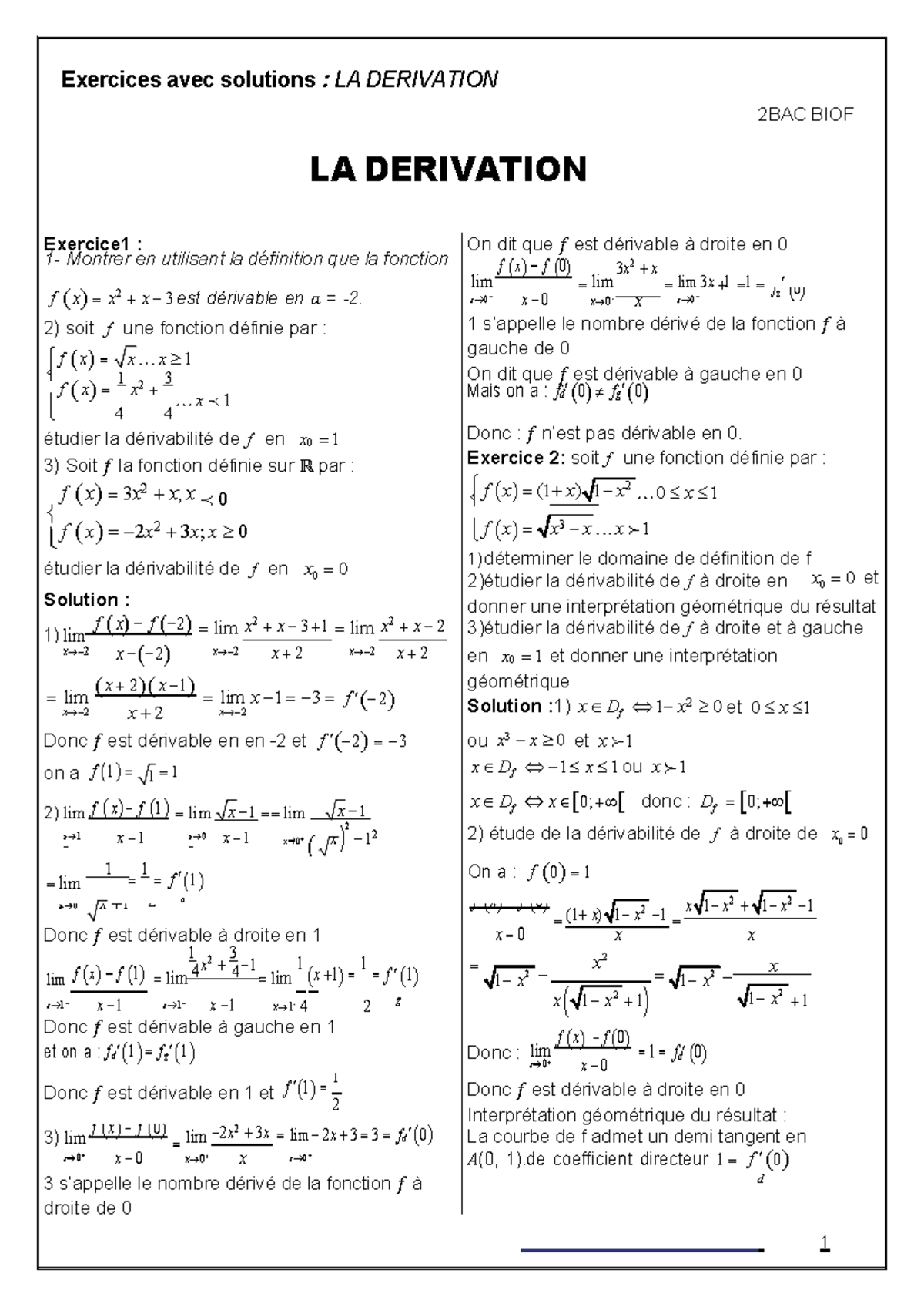 Exercices Corrigés N°3 Dérivabilité Et étude Des Fonctions, 2 Bac - 0 1 ...