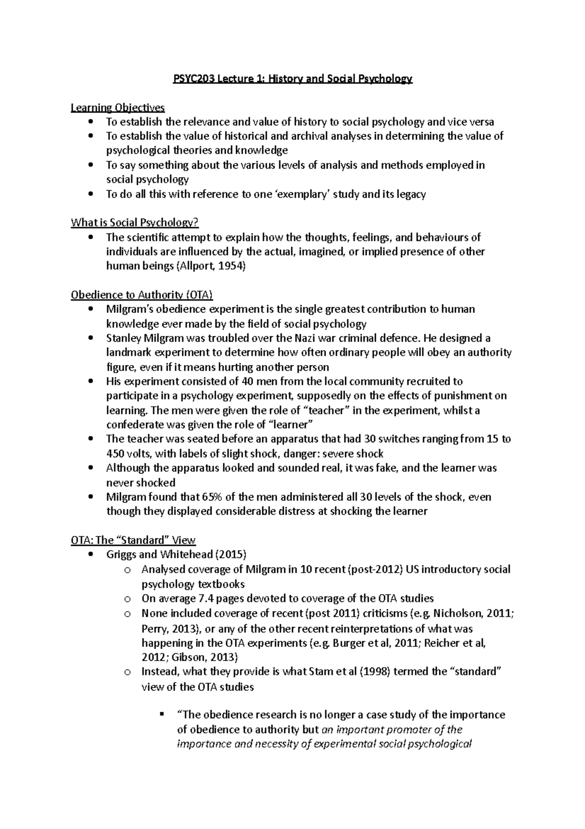 PSYC203 Lecture 1 (Notes) - PSYC203 Lecture 1: History and Social ...