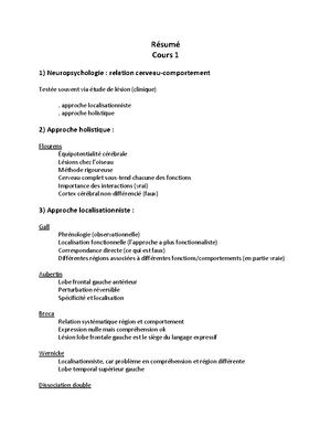 Cours neuro - notes - NEUROPSYCHOLOGIE HUMAINE 1. Introduction à la ...