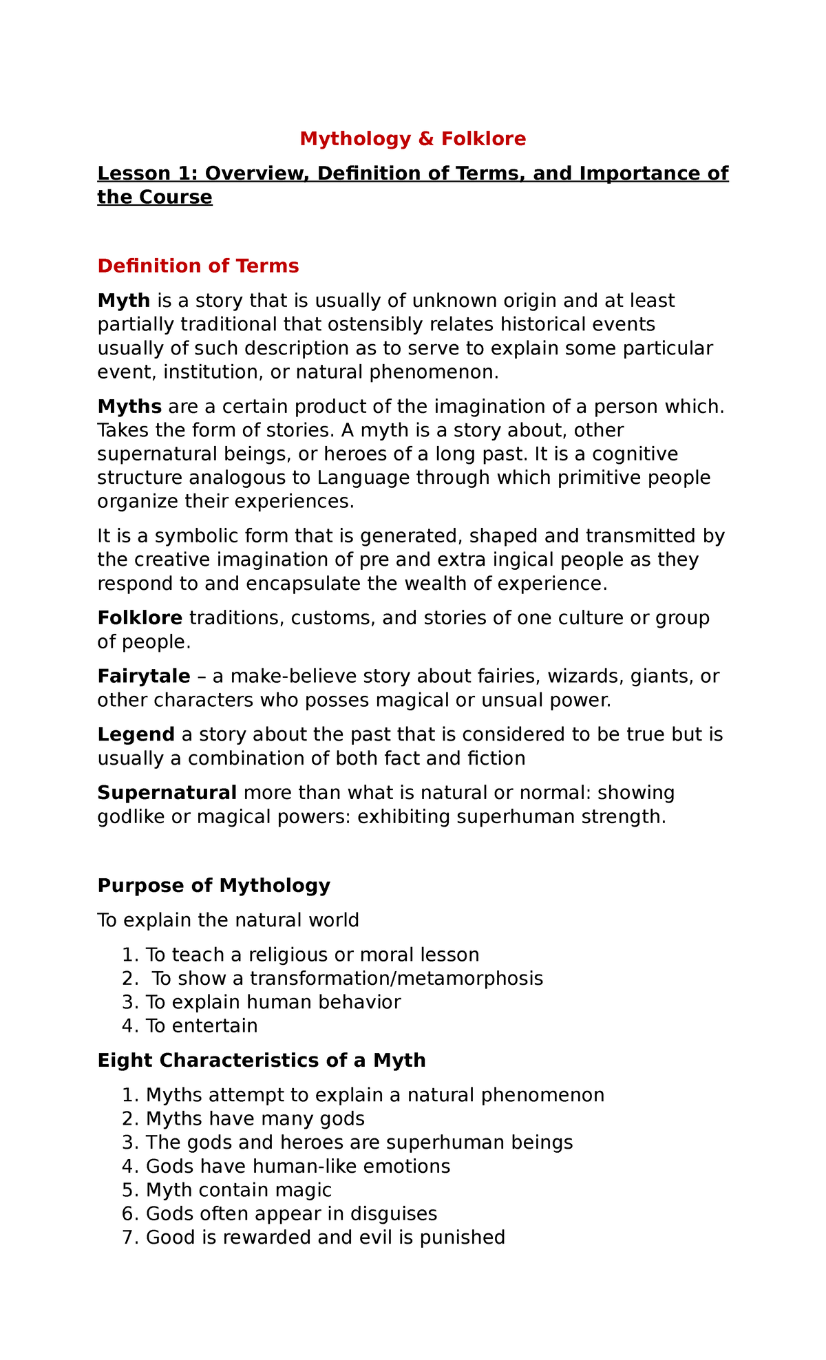 Mythology and Folklore Mythology & Folklore Lesson 1 Overview