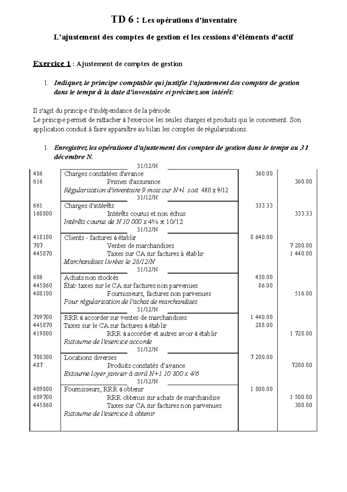Régularisation Des Charges Et Produits Exercices Corrigés Pdf Corrigé-TD7 - correction des exercices de compta - TD 6 : Les opérations  d'inventaire L'ajustement - Studocu