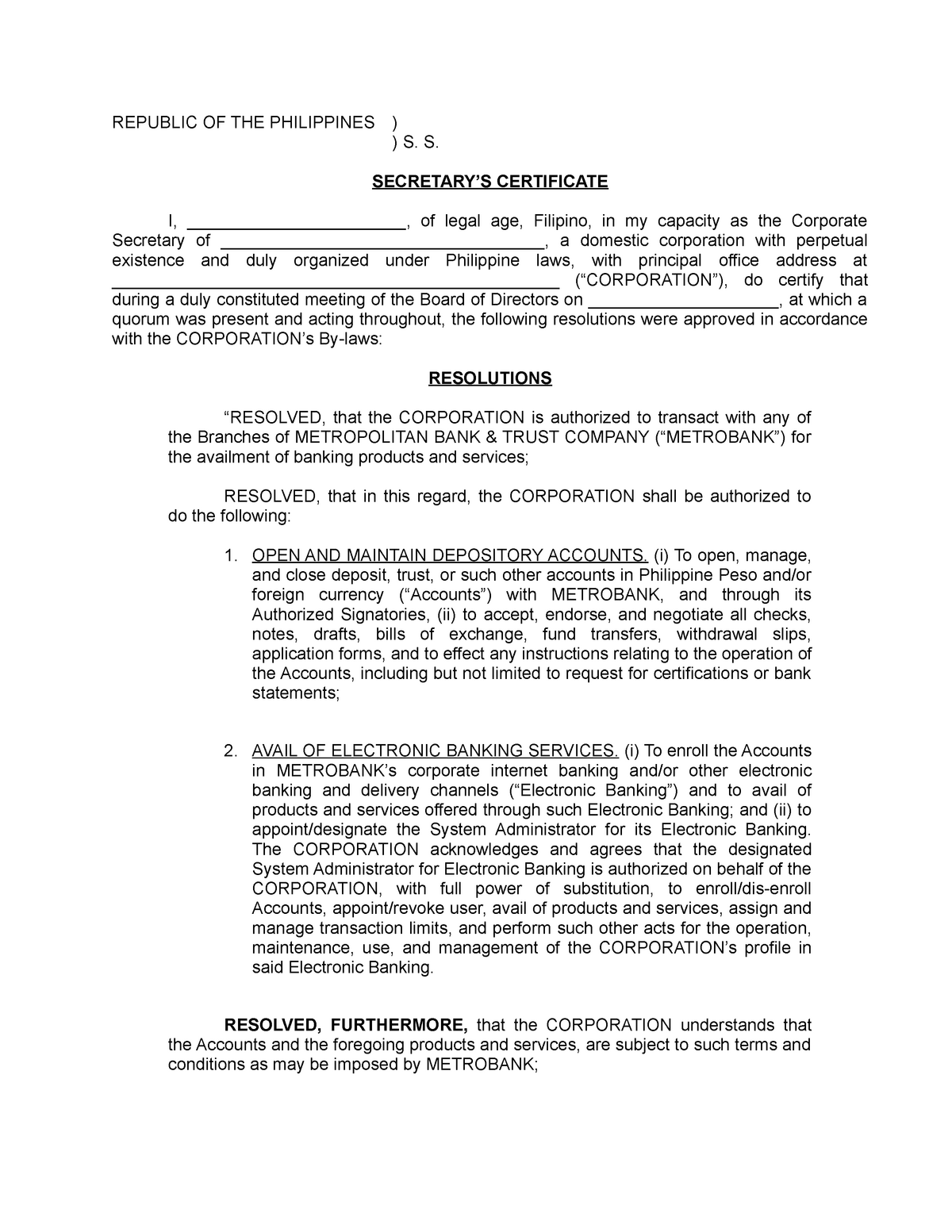 MBOS SEC CERT 23 - Sample Sec cert - REPUBLIC OF THE PHILIPPINES Regarding Corporate Secretary Certificate Template