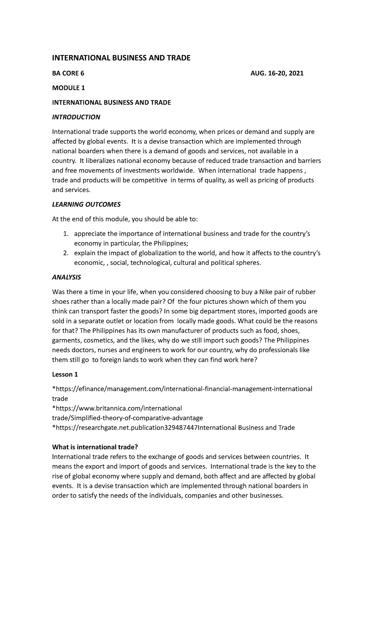 Module 1 IBT - INTERNATIONAL BUSINESS AND TRADE BA CORE 6 AUG. 16-20 ...