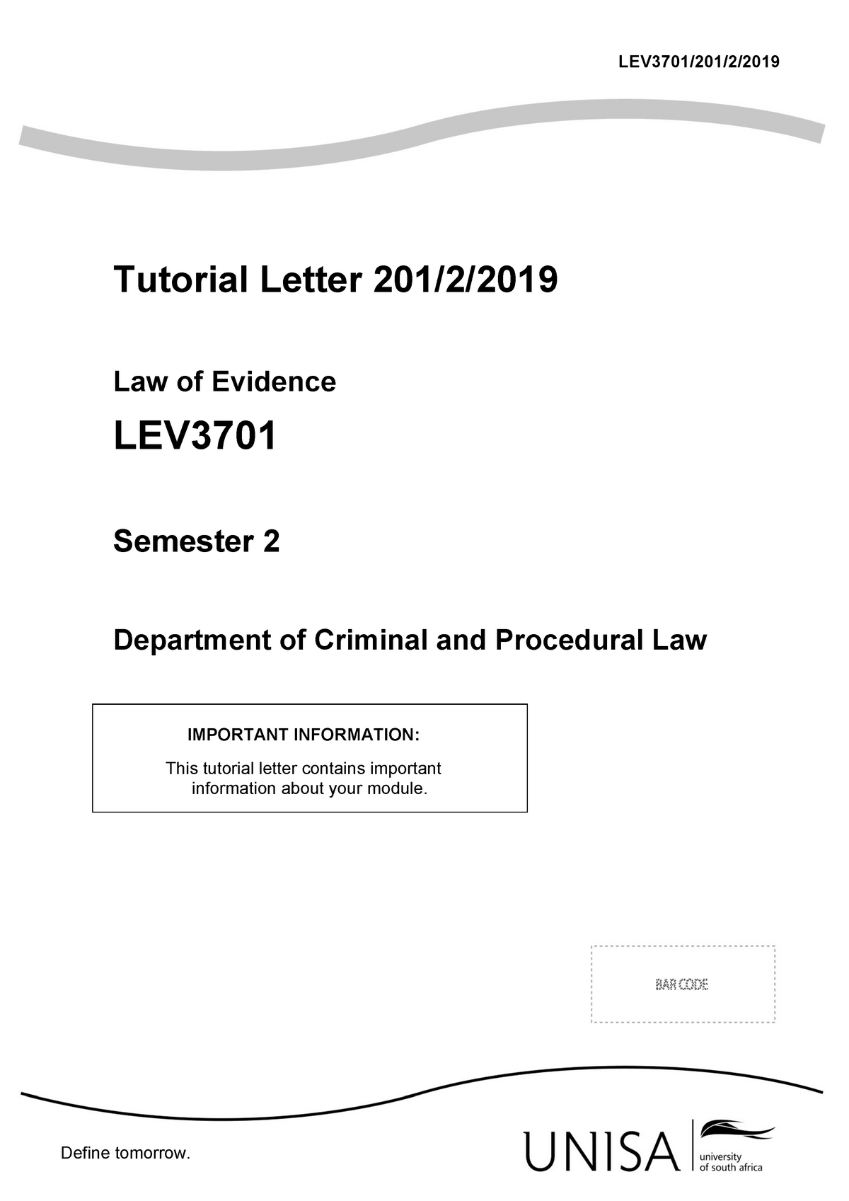 LEV3701-Tut 201 2019 2 B - LEV3701/201/2/ Tutorial Letter 201/2/ Law Of ...