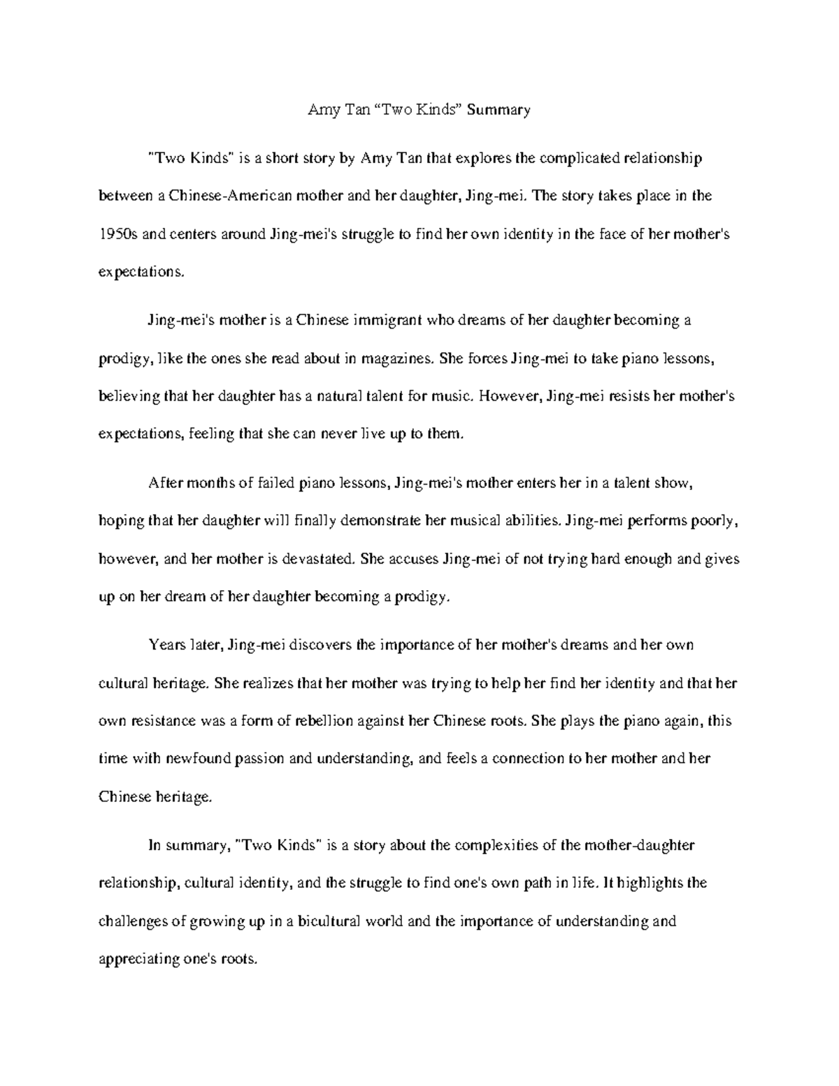Amy Tan Two Kinds Summary Amy Tan Two Kinds Summary Two Kinds 