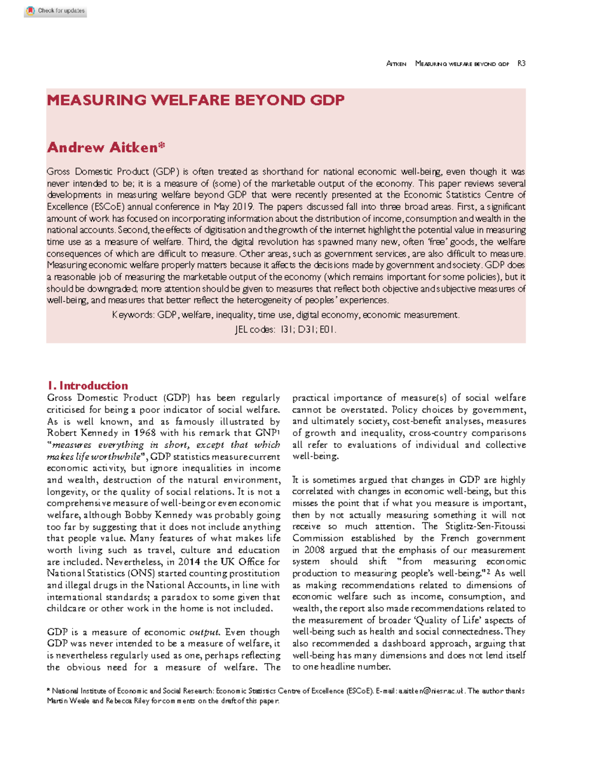 Aitken measuring welfare beyond GDP - Macroeconomics 2 - Uni-Lj - Studocu