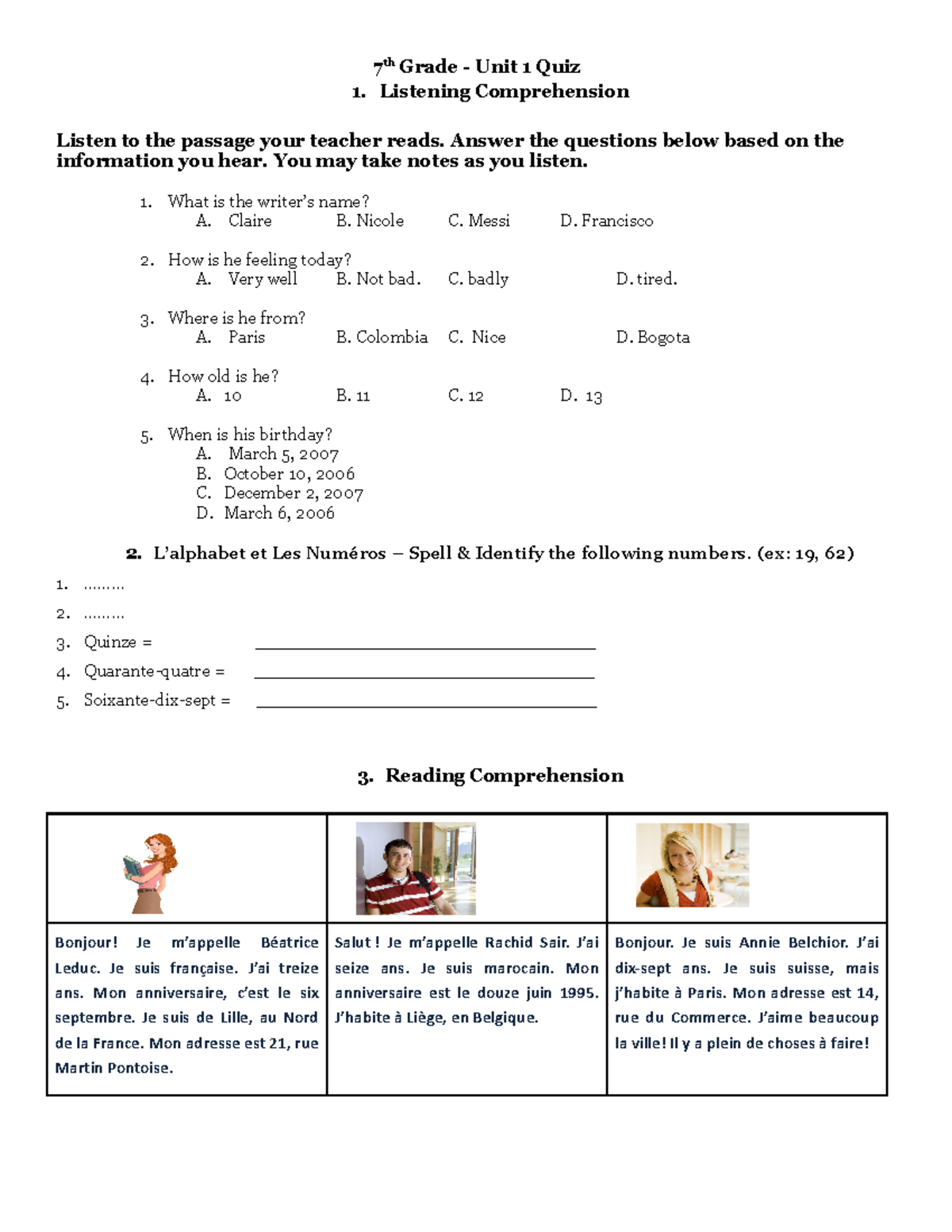 7th grade Unit 1A Quiz - not real - 7 th Grade - Unit 1 Quiz 1 ...