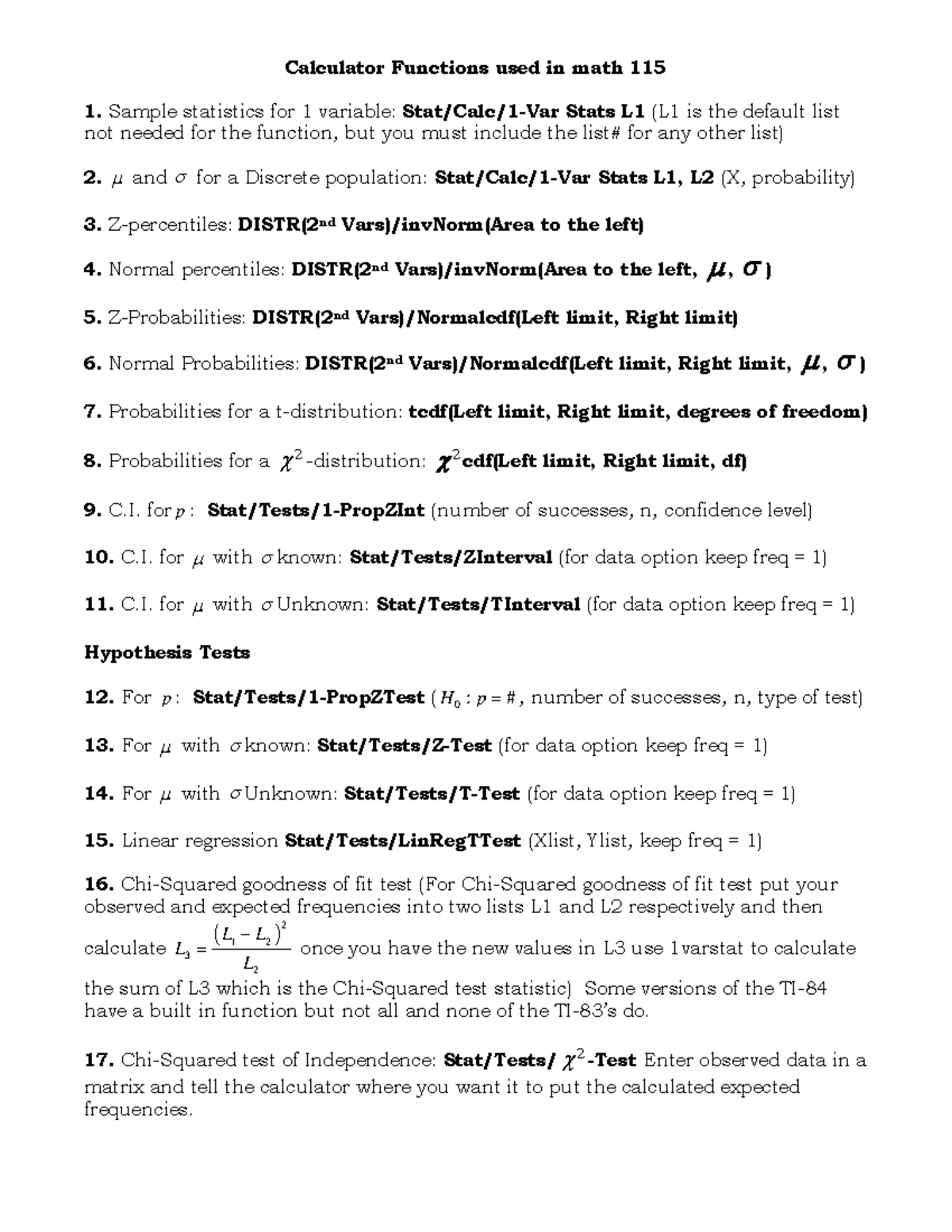 Calculator Functions used in math 115 Sample statistics for 1