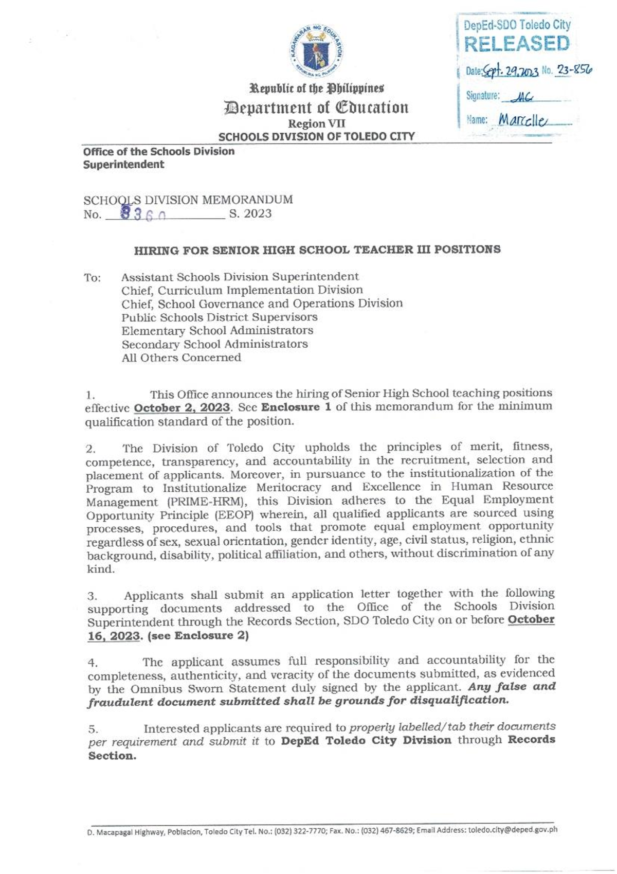 SDM No. 336 s. 2023 - Hiring foe Senior High School Teacher III ...