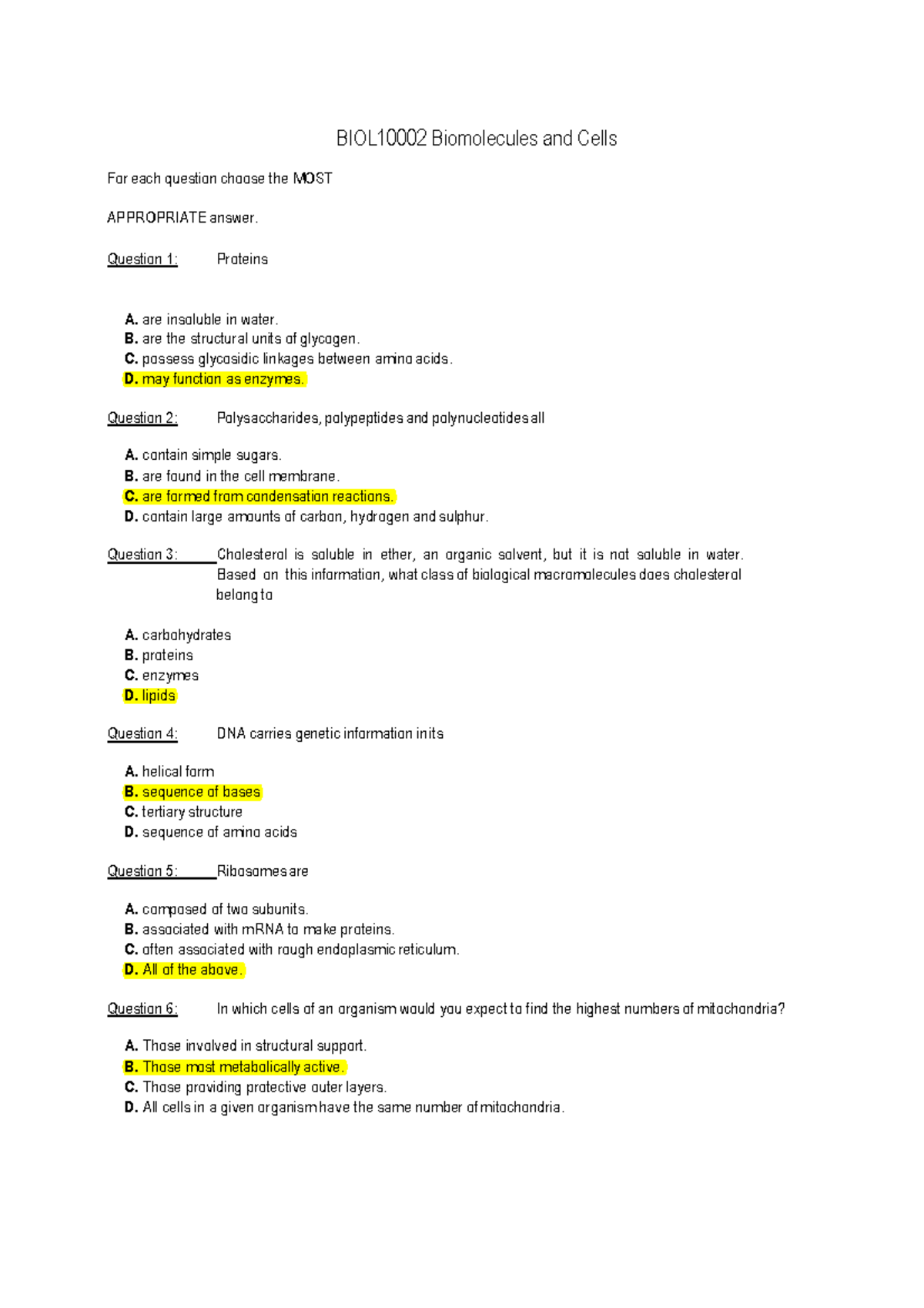 BIOL10002 Mst Practice Questions - Biomolecules And Cells For Each ...