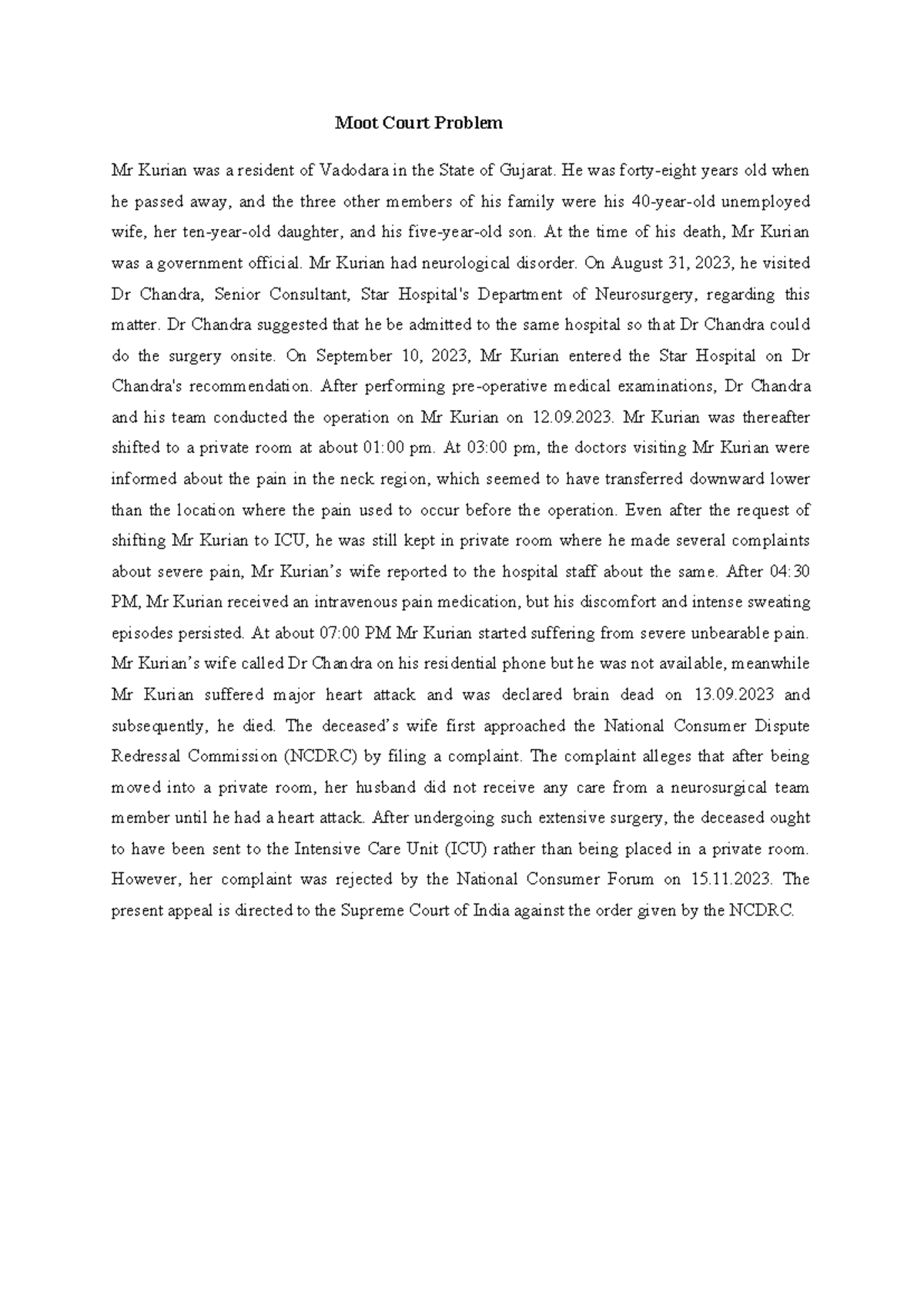 Revised Moot Problem BA LLB - Moot Court Problem Mr Kurian was a ...