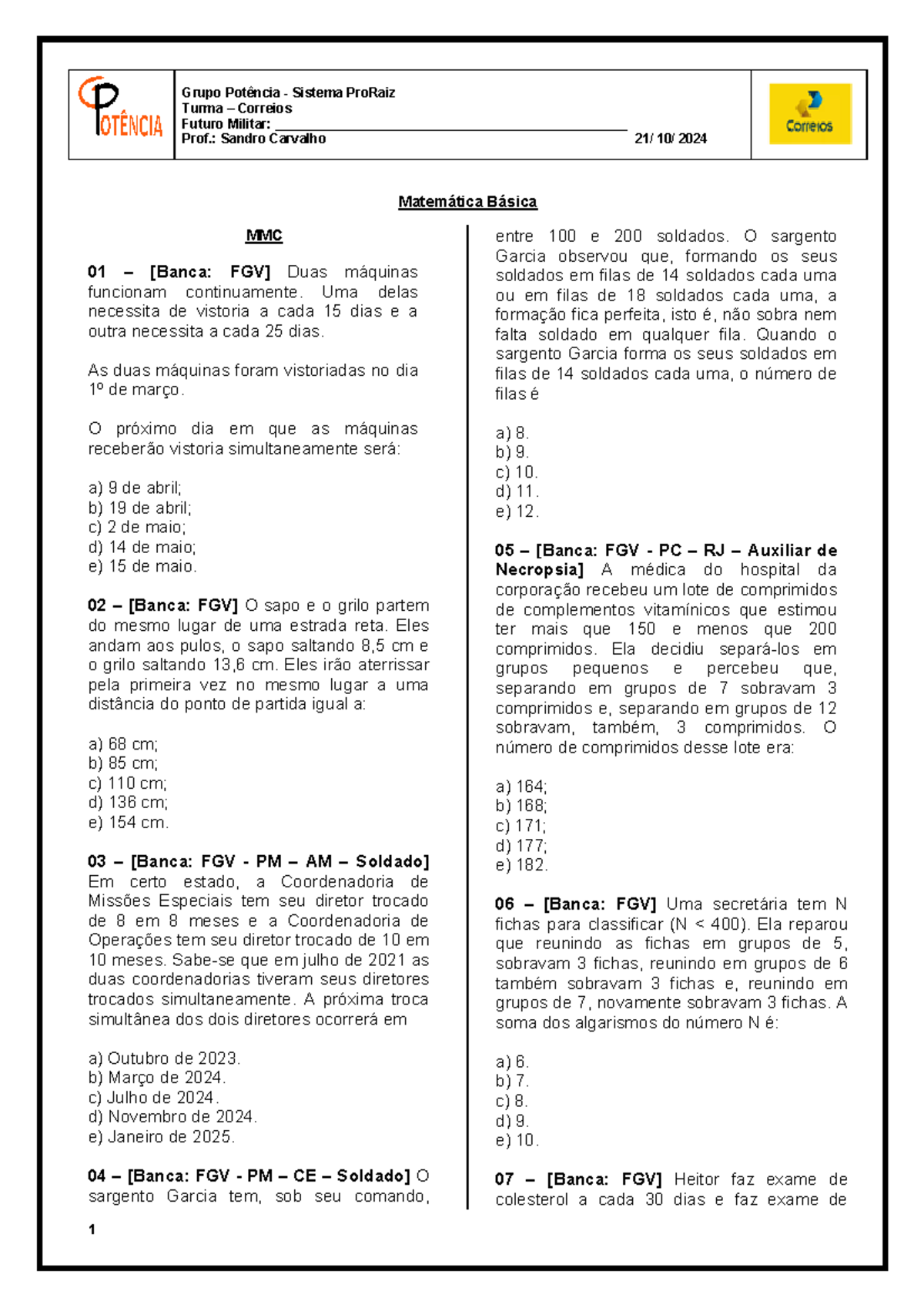 Mmc E Mdc Turma Correios 21 10 2024 Aula 1 E 2 Grupo Potência