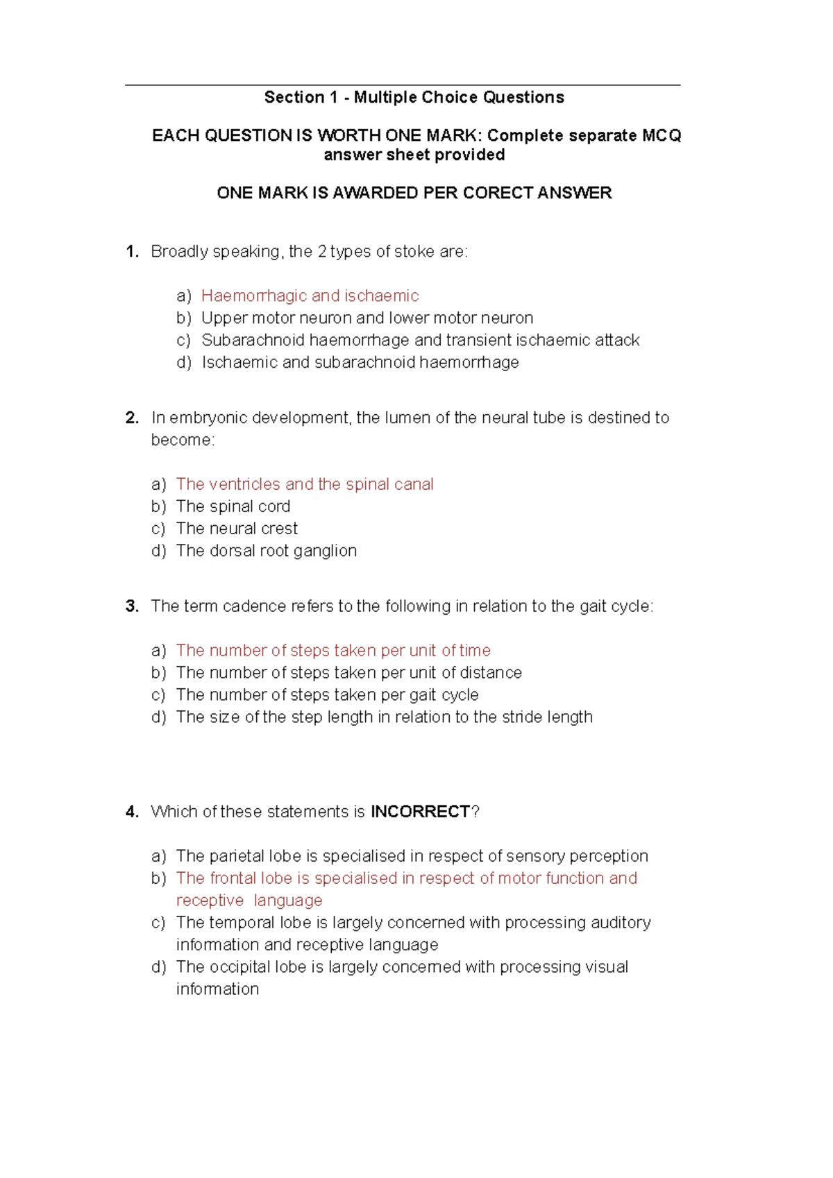 MOCK Answers - Section 1 - Multiple Choice Questions EACH QUESTION IS ...