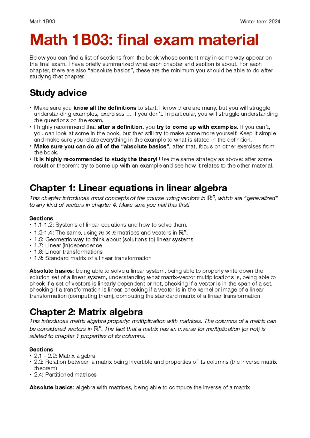 Final Exam Material Overview - Math 1B03 Winter Term 2024 Math 1B03 ...