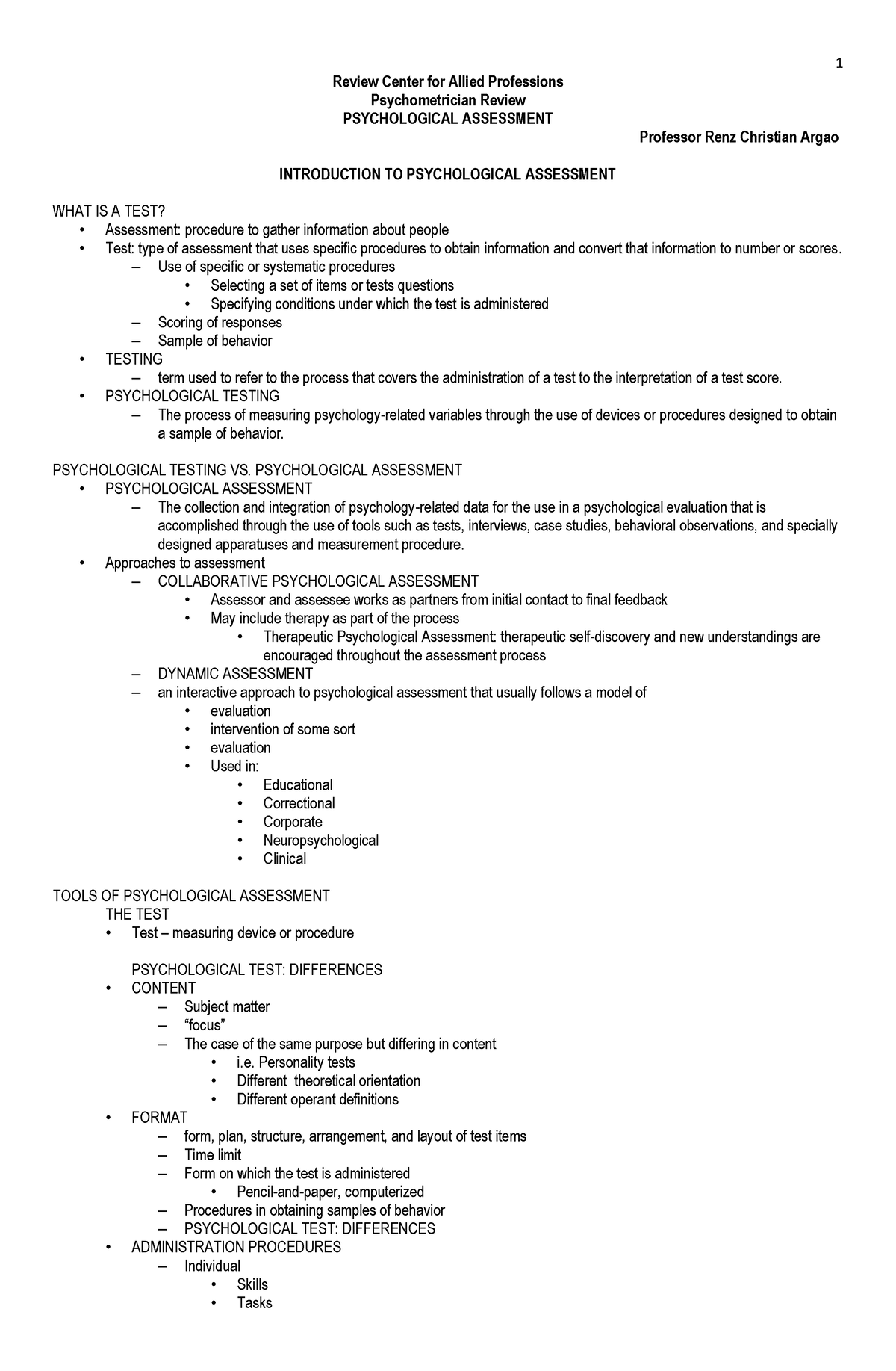 Summarized -Psychological Assessment - Bs Psychology - ANTEO - Studocu