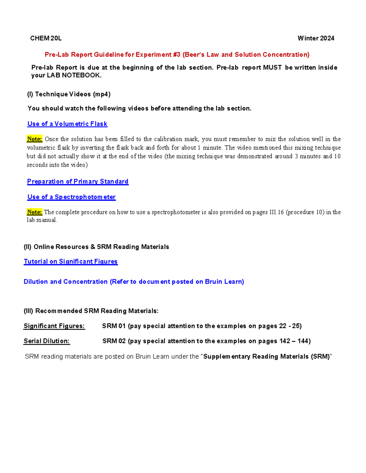 BeerLambert Law Prelab W2024 PreLab Report Guideline for Experiment