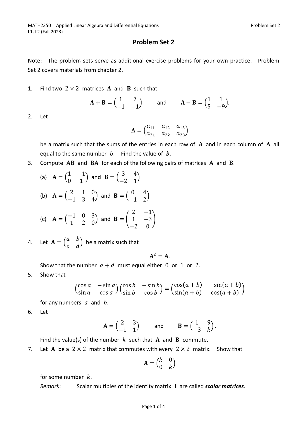 2350 Problem Set 2 - Hw2 - L1, L2 (Fall 2023) Problem Set 2 Note: The ...