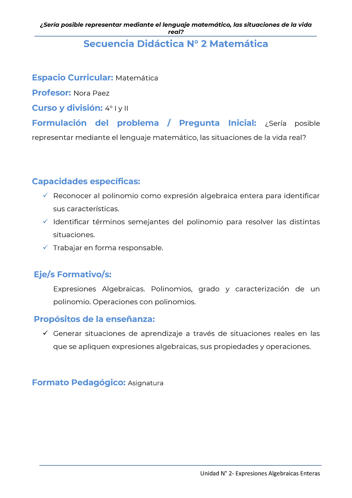 Secuencia N° 2 - Expresiones Algebraicas - Real? Secuencia Did·ctica N∞ ...