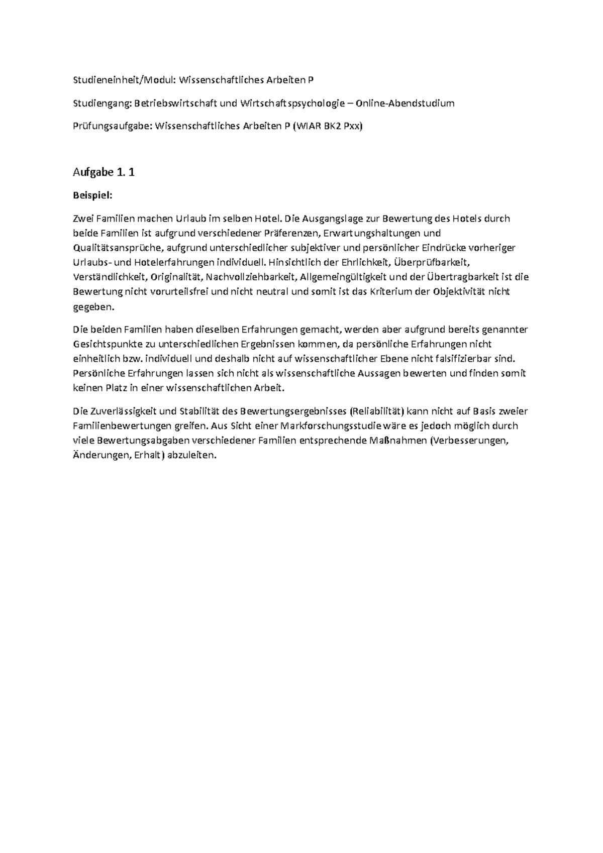 Prüfungsaufgabe WIAB - 1. Semester, Pflichtseminar zur Einführung in ...