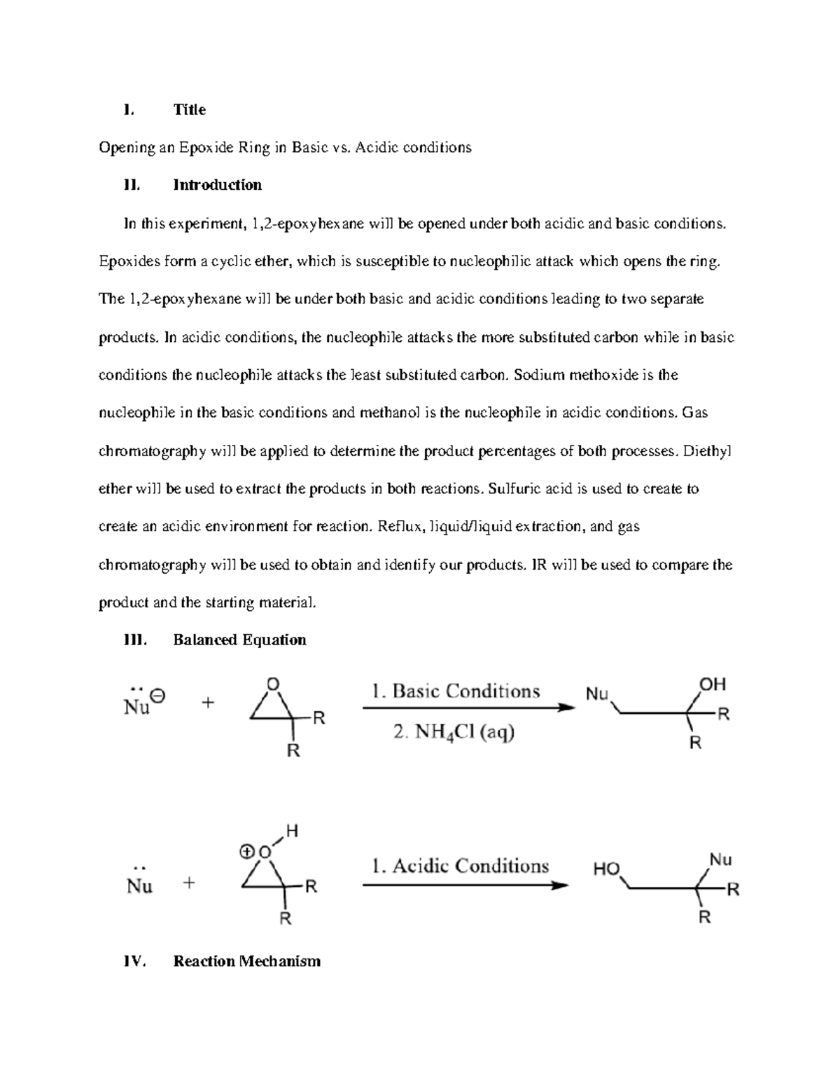 Lab 4 - Lab 4 - I. Title Opening an Epoxide Ring in Basic vs. Acidic ...