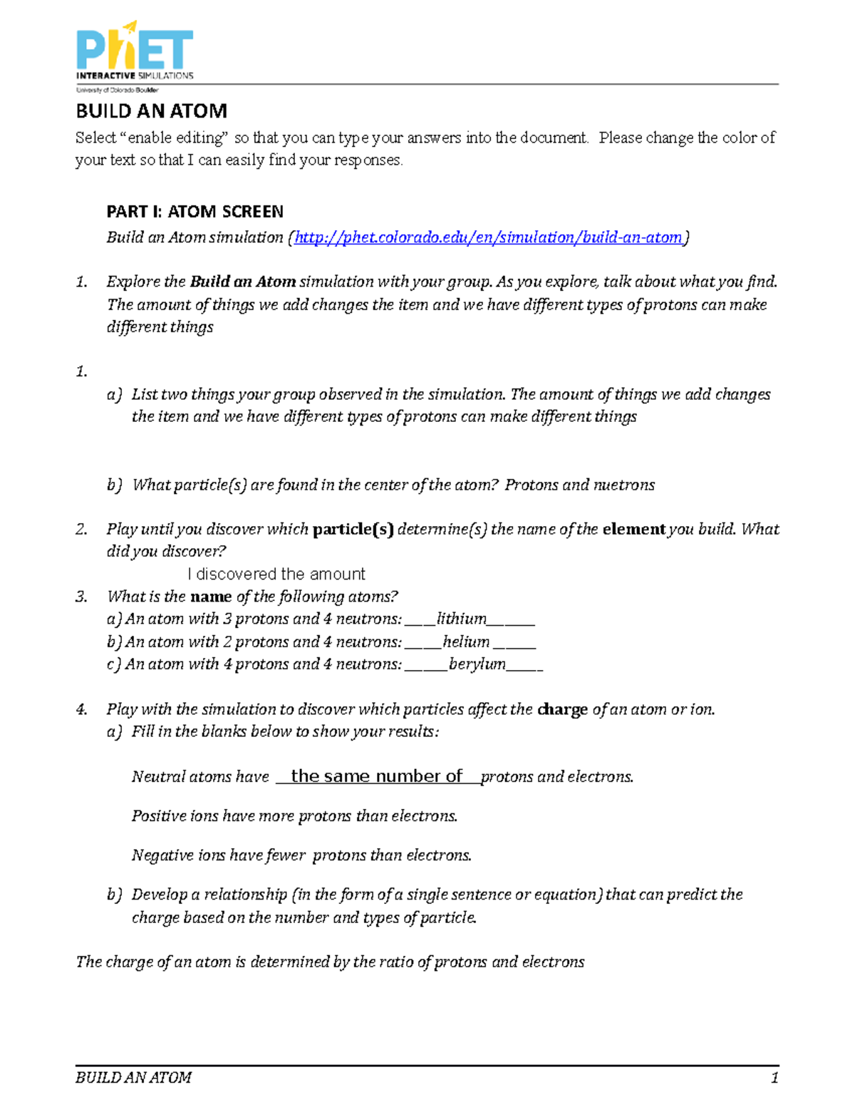 Build An Atom Guided Inquiry Student Handout-1 - BUILD AN ATOM Select ...