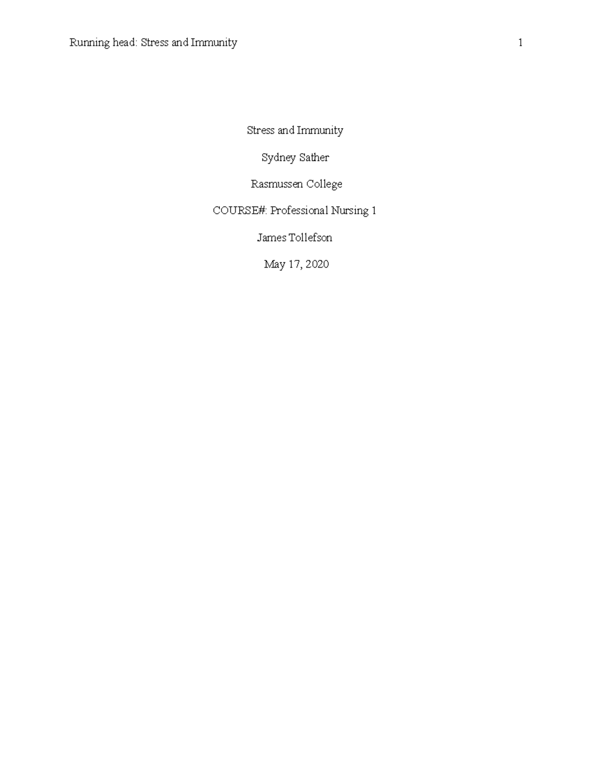 APA Paper Template - Running head: Stress and Immunity 1 Stress and ...