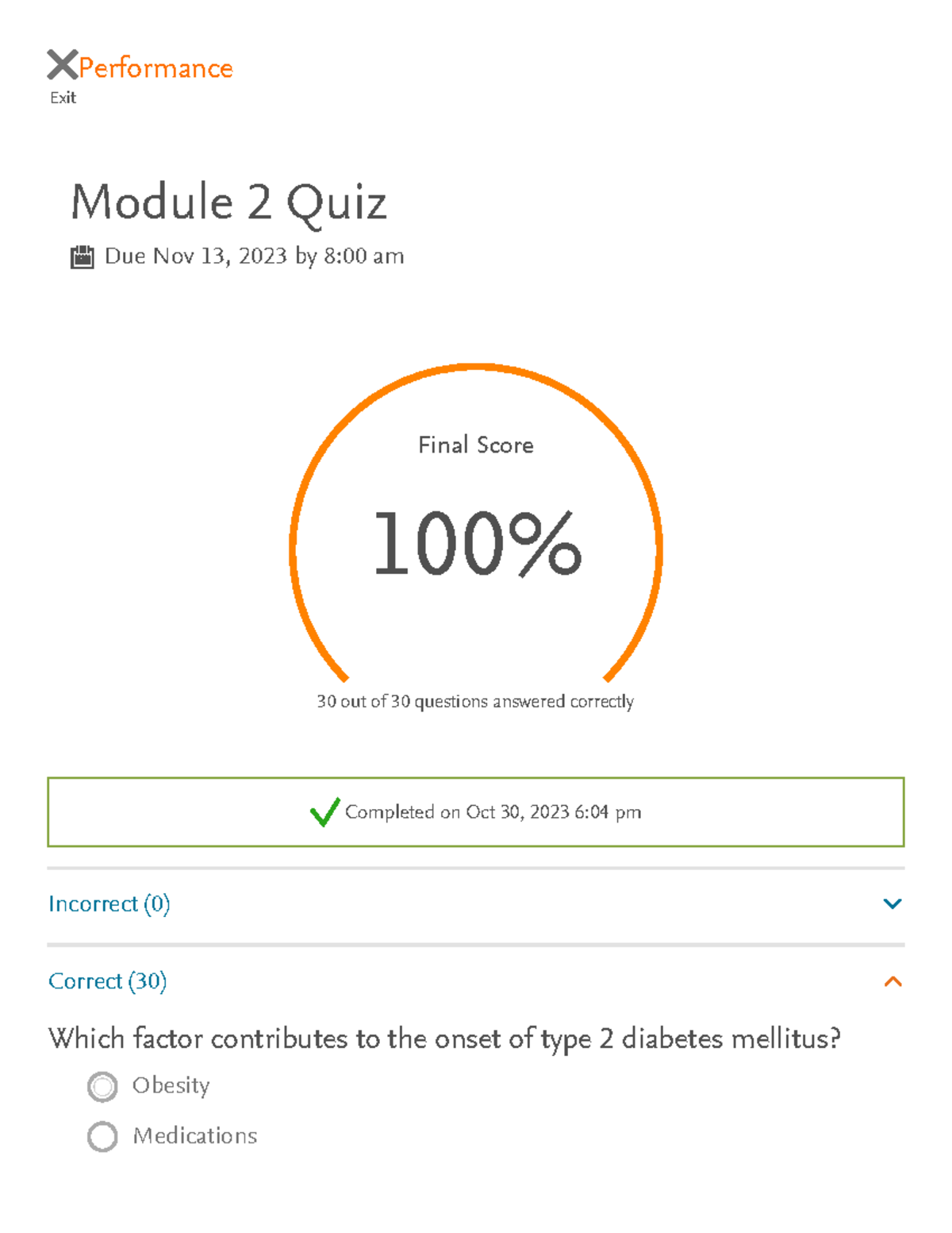 Elsevier Adaptive Quizzing - Quiz Performance - Exit Performance Module ...