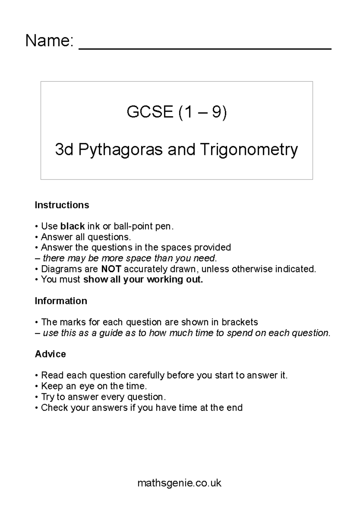 7 3d pythagoras and trigonometry - GCSE (1 – 9) 3d Pythagoras and ...