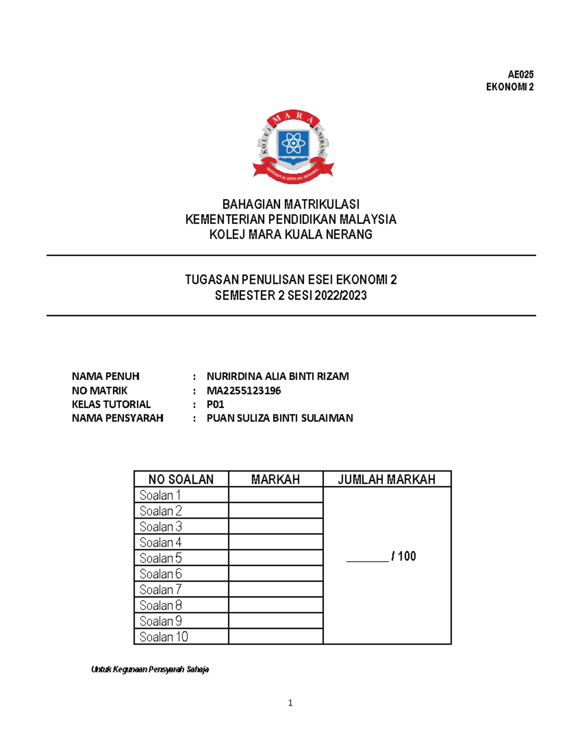 contoh assignment account matrikulasi