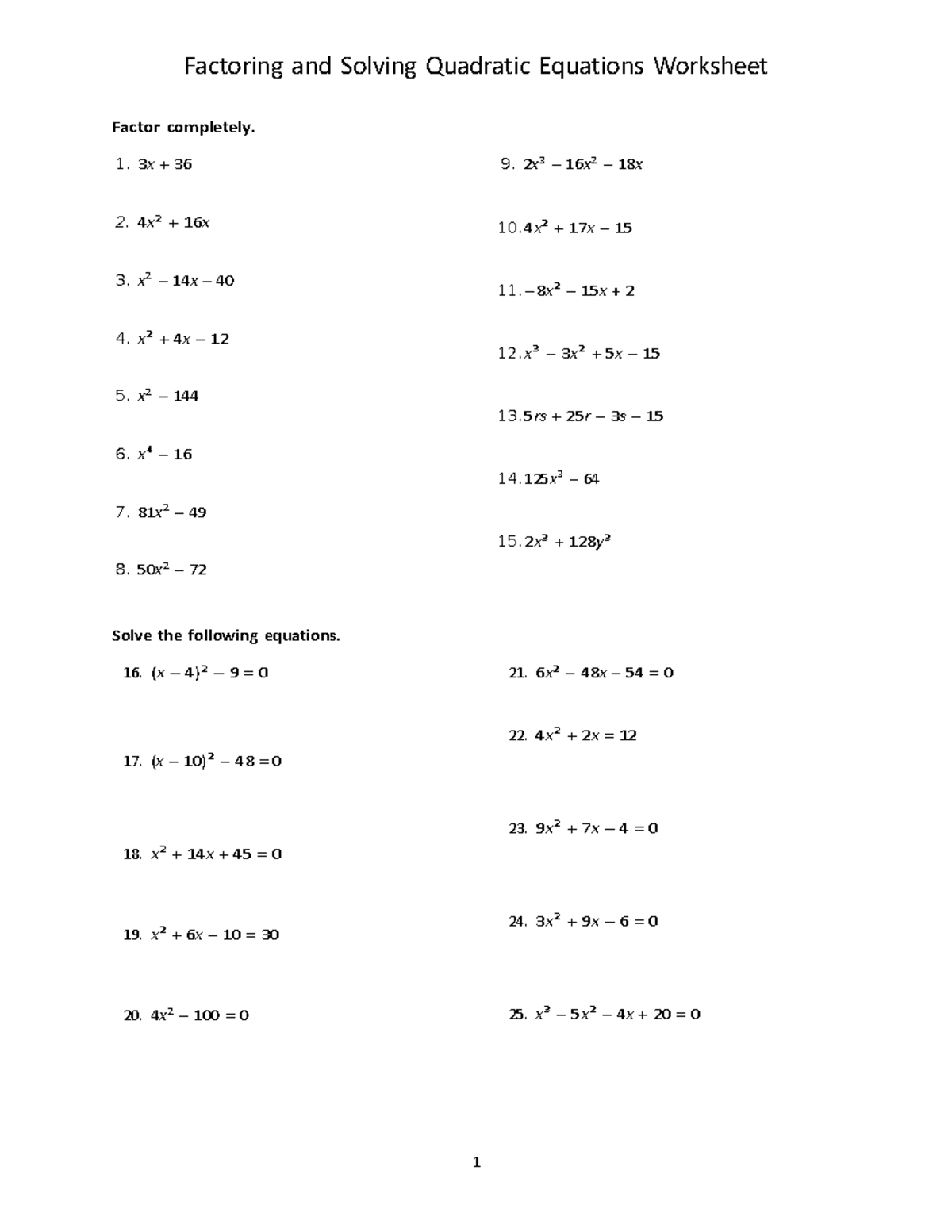 Factoring Worksheet - Factoring and Solving Quadratic Equations ...