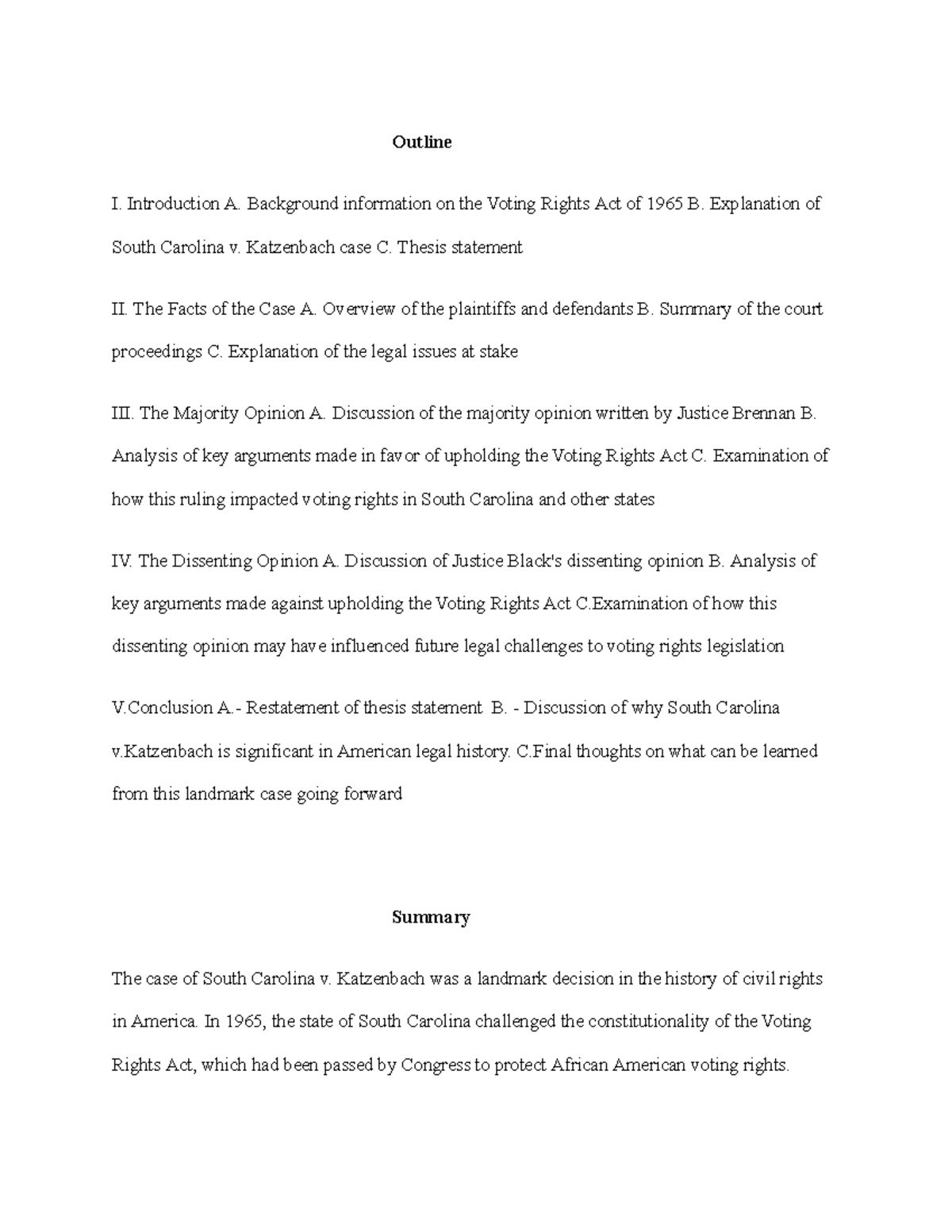 South Carolina v. Katzenbach Case Brief Outline and Summary Outline I