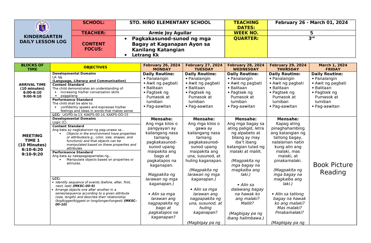 Kindergarten MELC based DLL Q3 W5 2023 2024 KINDERGARTEN DAILY LESSON