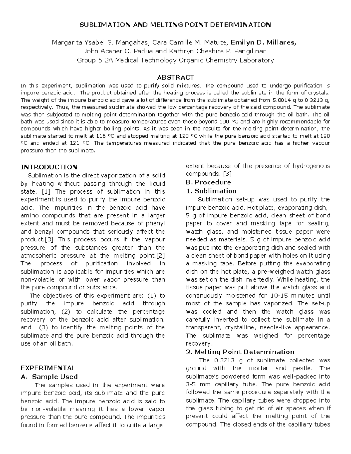 sublimation experiment lab report