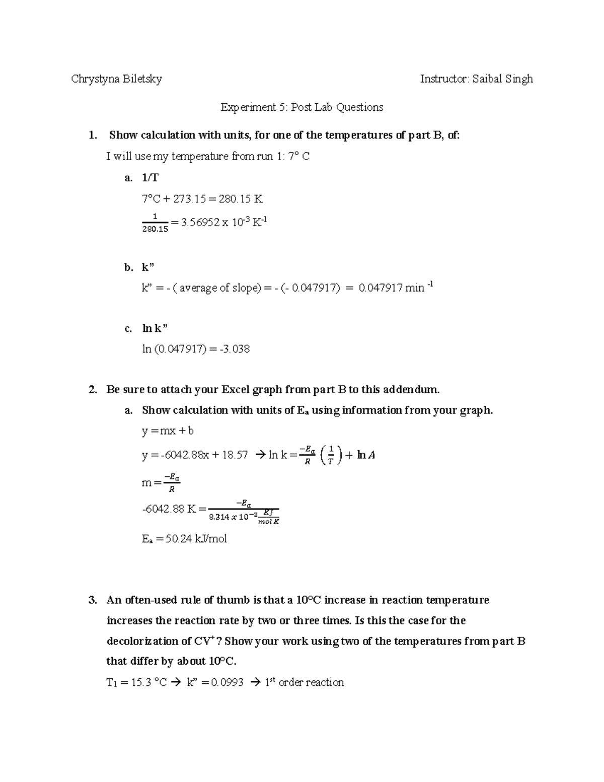 Experiment 5 Post Lab Chem 1032 Lab 5 Post Lab Questions Grade 66 Chrystyna Biletsky 9451