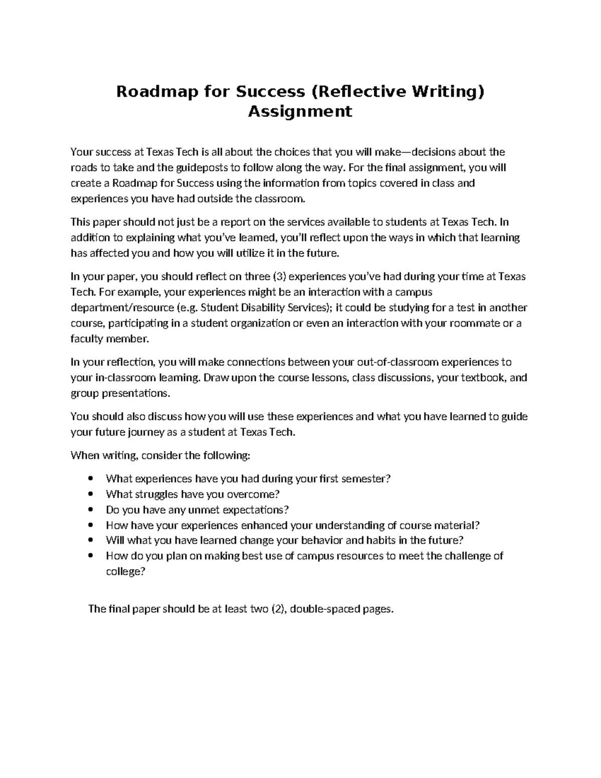 Roadmap for Success Assignment - Roadmap for Success (Reflective ...