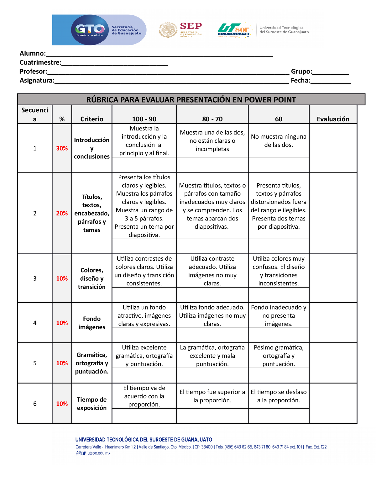 rúbrica para evaluar presentación en power point studocu