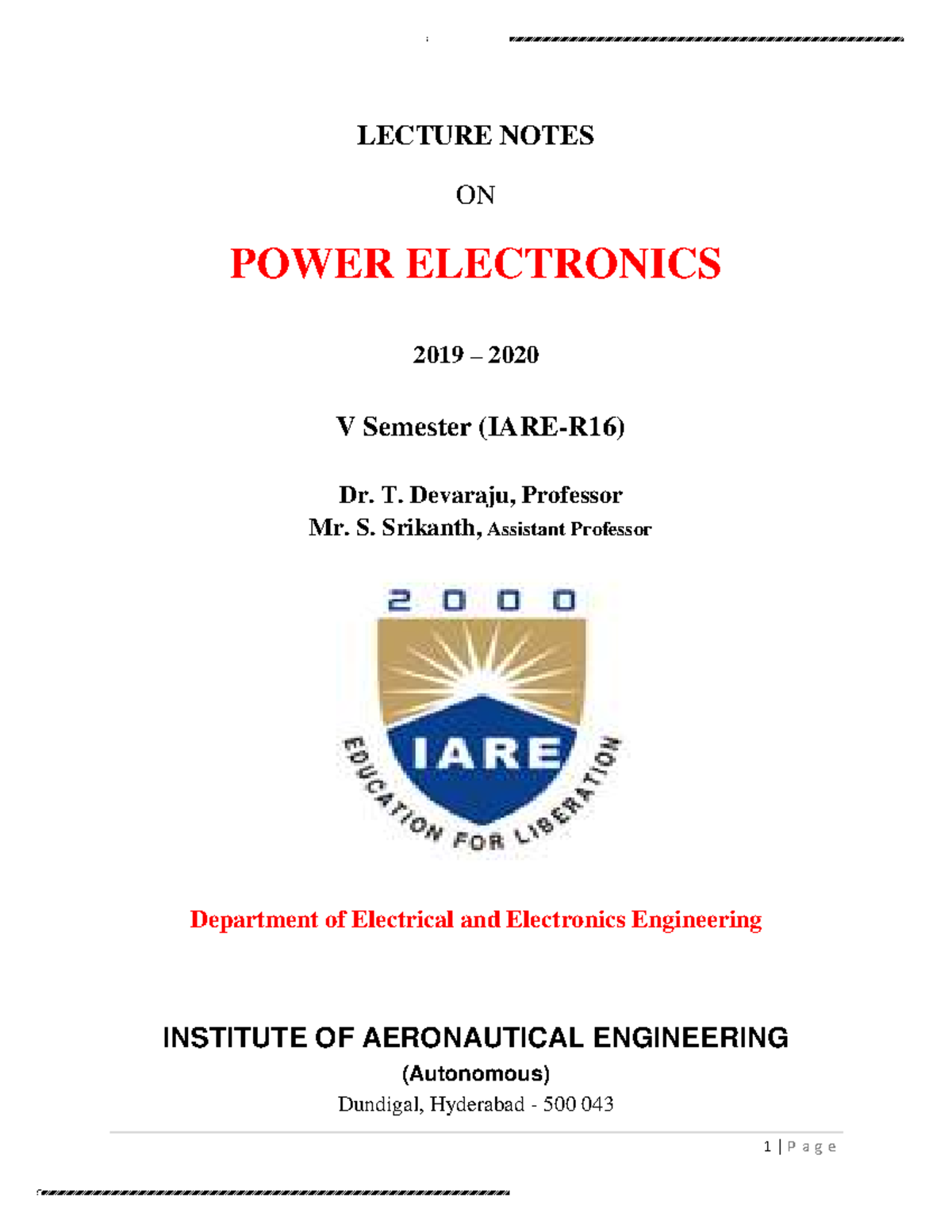 Power Electronics Notes - LECTURE NOTES ON POWER ELECTRONICS 2019 ...