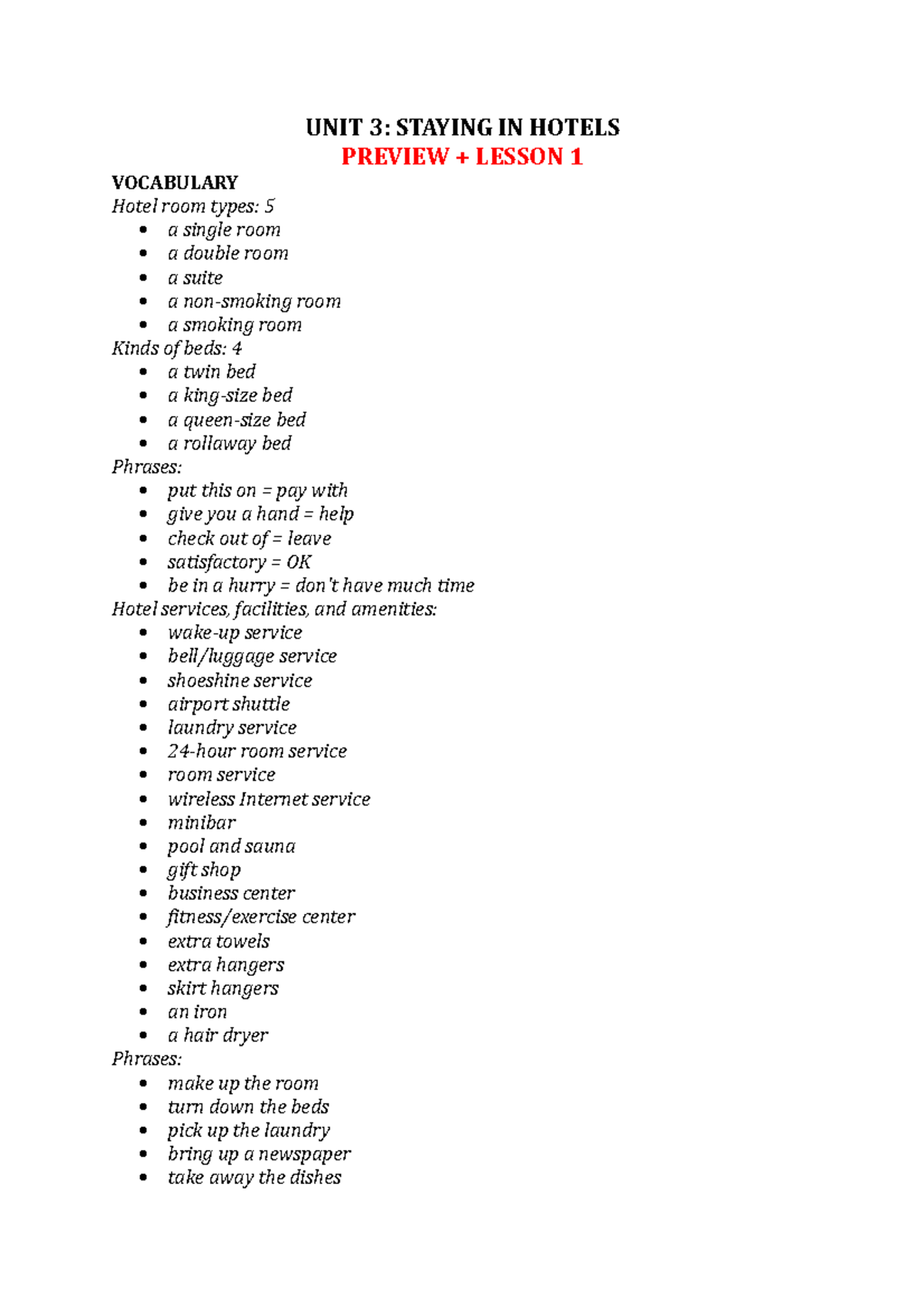 Buoi2 - ssss - UNIT 3: STAYING IN HOTELS PREVIEW + LESSON 1 VOCABULARY ...