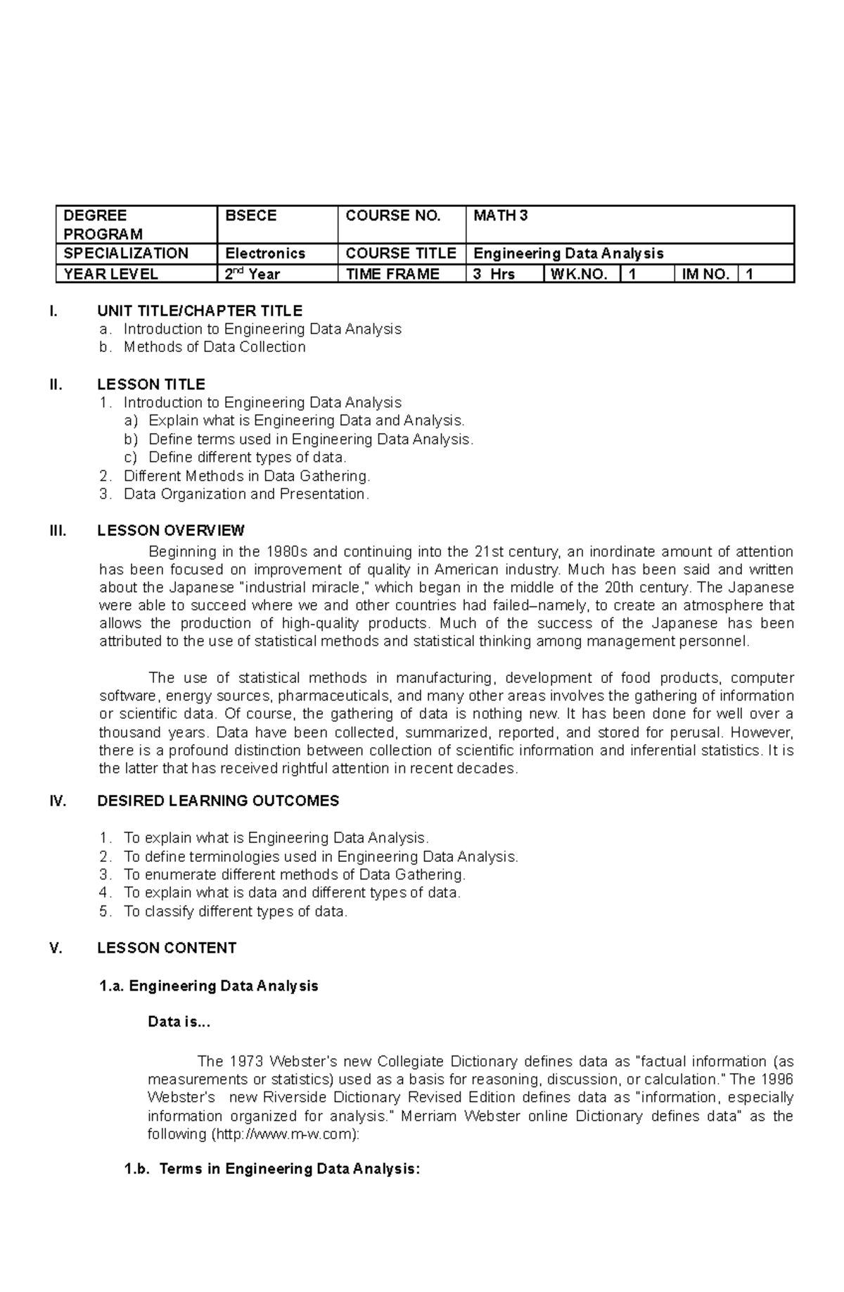 Data module 1 ECE - DATA ANALYSIS NOTES - DEGREE PROGRAM BSECE COURSE ...