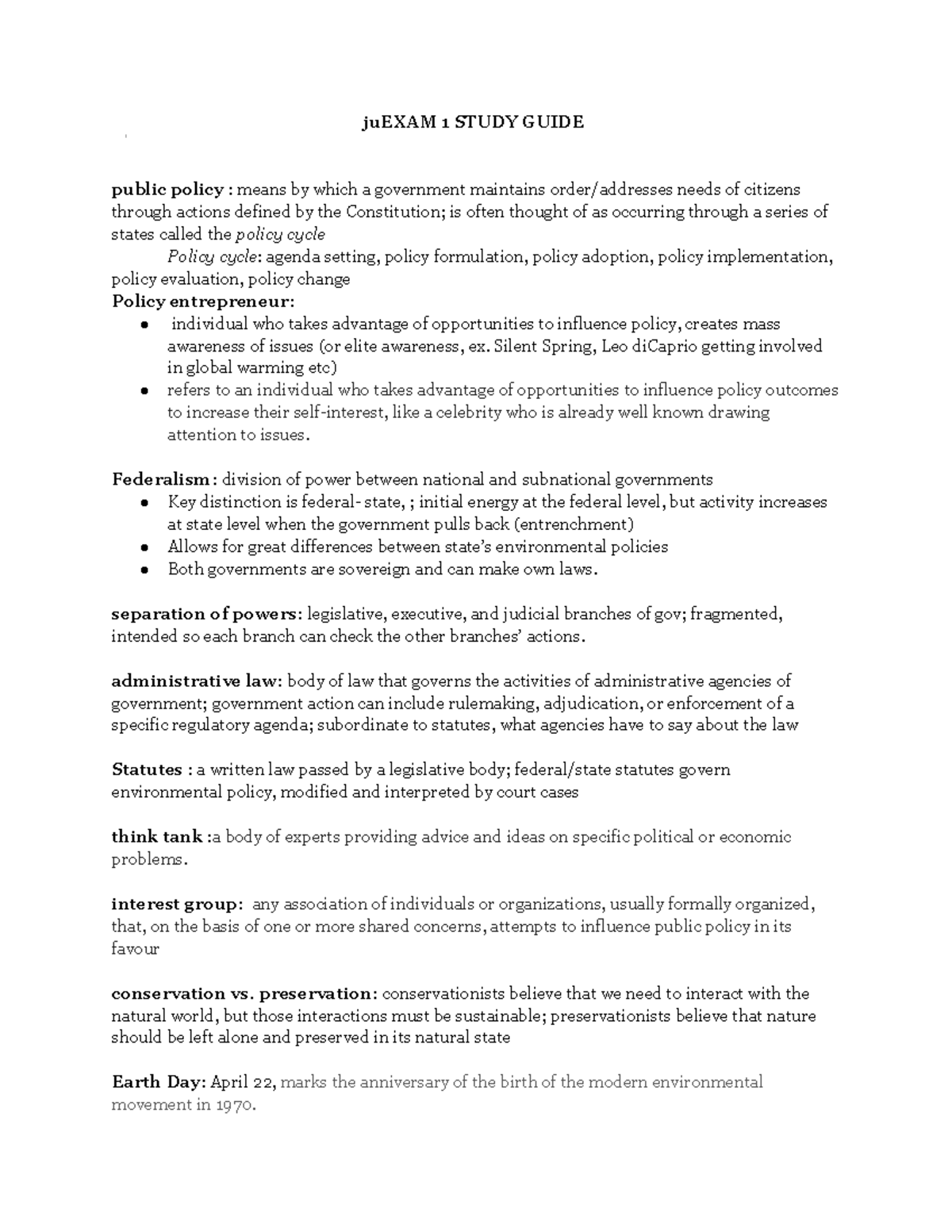 Study guide for exam one - juEXAM 1 STUDY GUIDE public policy : means ...