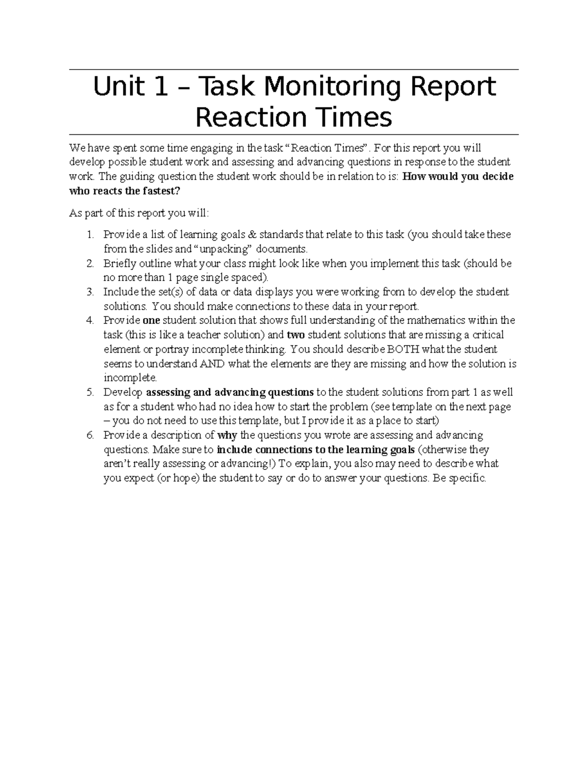 Unit 1 TMR - Reaction Times - Unit 1 – Task Monitoring Report Reaction ...