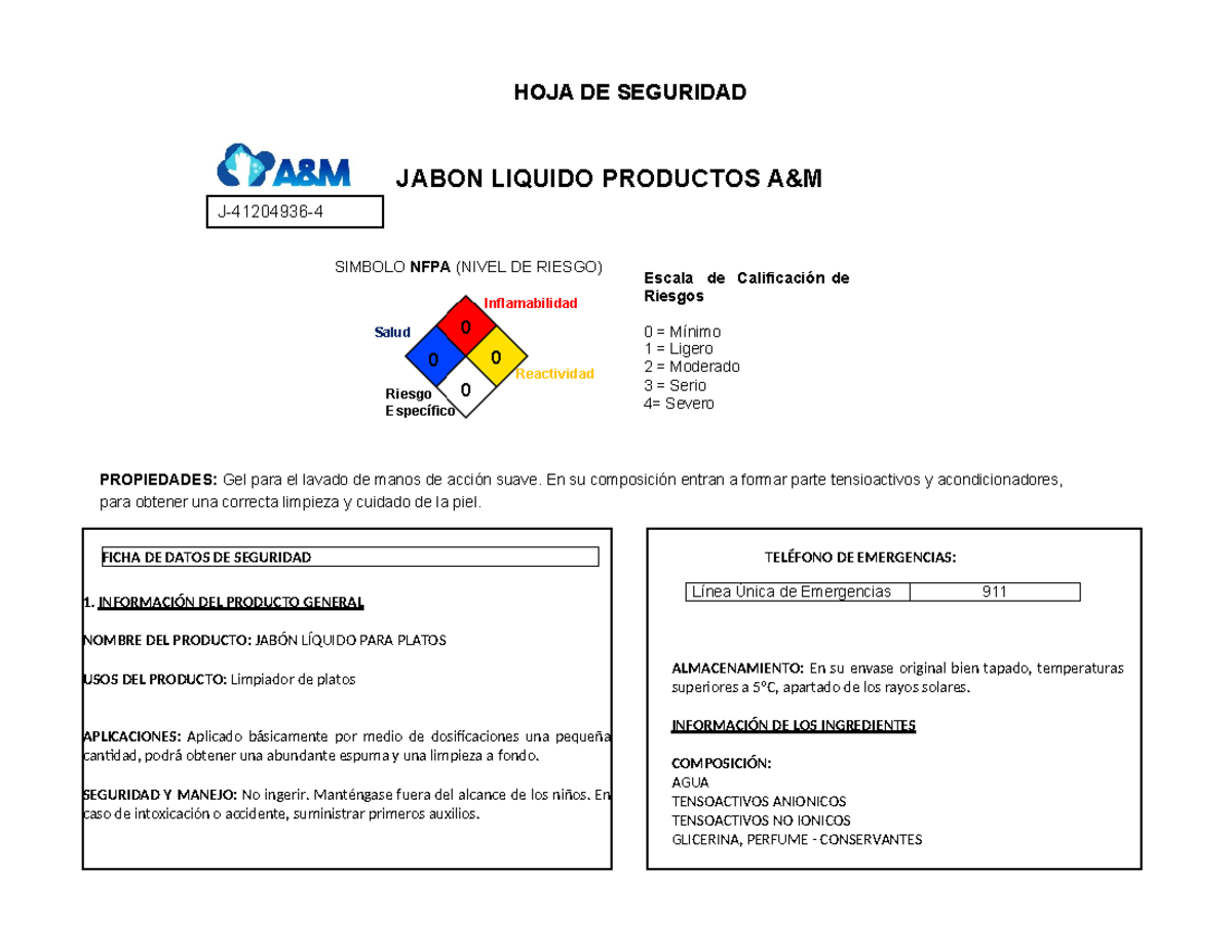 Hoja de seguridad jabon liquido - TELÉFONO DE EMERGENCIAS